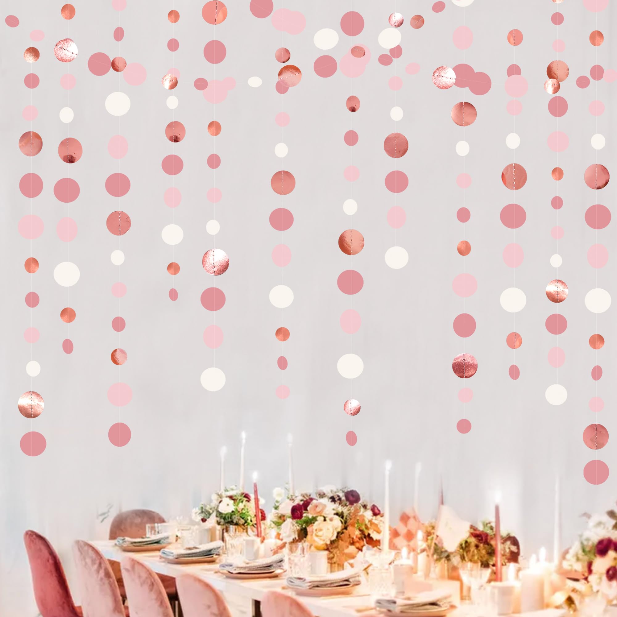 Rose Gold Party Decorations Dusty Pink Circle Dots Garland Blush Pink Hanging Paper Polka Dot Streamer For Birthday Wedding Brid