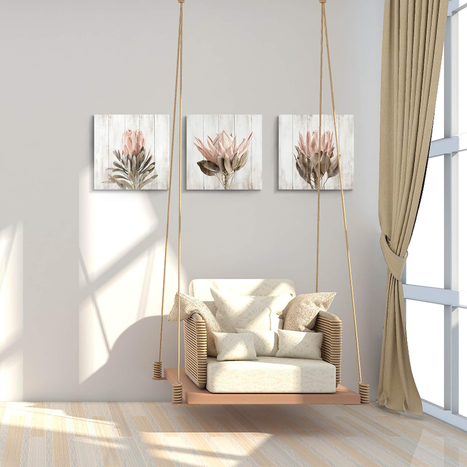 Floral Canvas Wall Art Print: Flower Bloom Picture Graphic Artwork Painting For Washrooms (12''X12''X3Pcs)