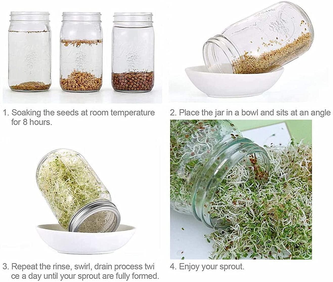 MIA GENOVIA Mesh Sprouting Lids - 316 Stainless Steel Wide Mouth Mason Jar Strainer - 4 Pack, 3.4" Size