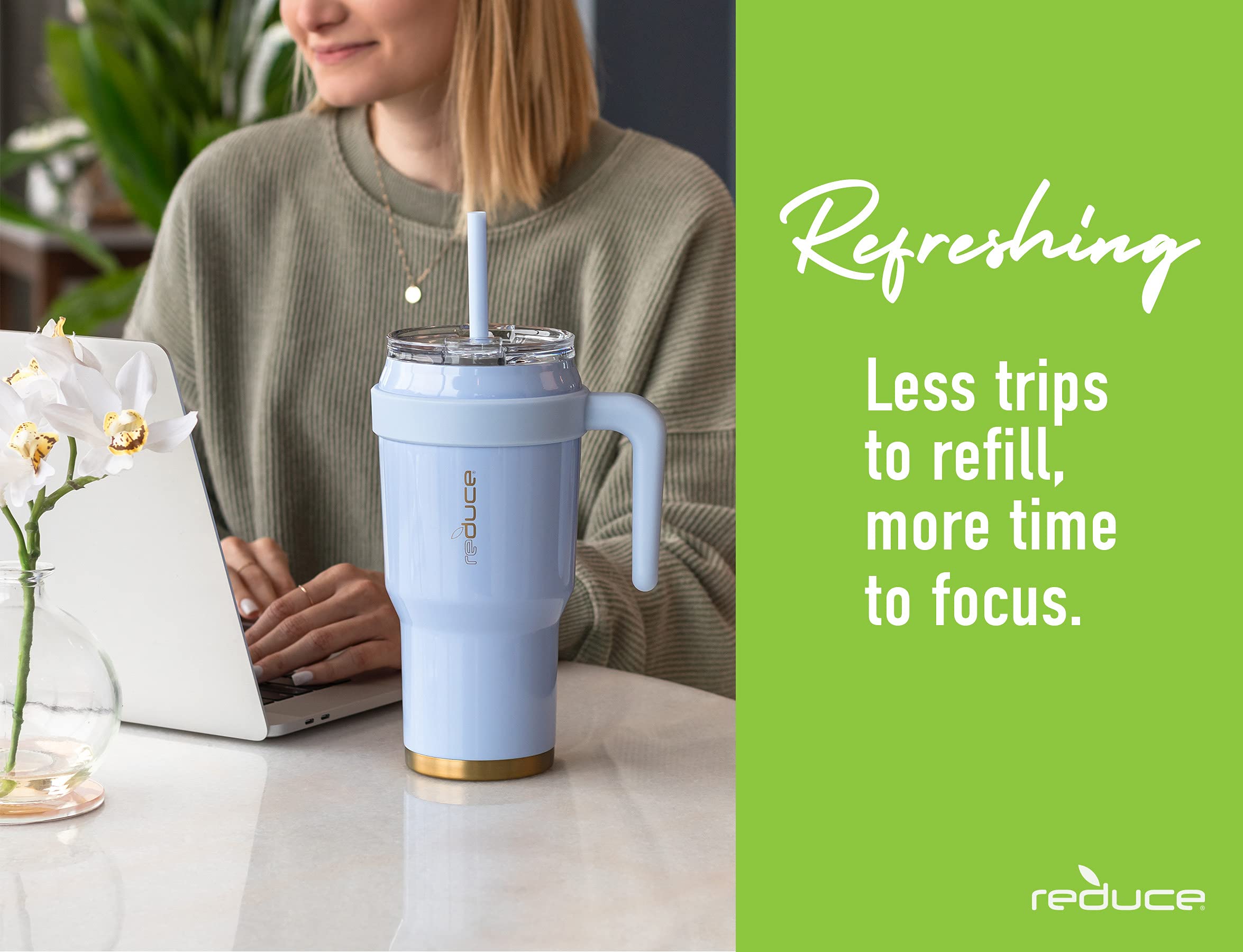 REDUCE 40 oz Tumbler with Handle and Straw  Stainless Steel with Sip-It-Your-Way Lid - Keeps Drinks Cold up to 34 Hours - Sweat Proof  Dishwasher Safe  BPA Free - White  Opaque Gloss