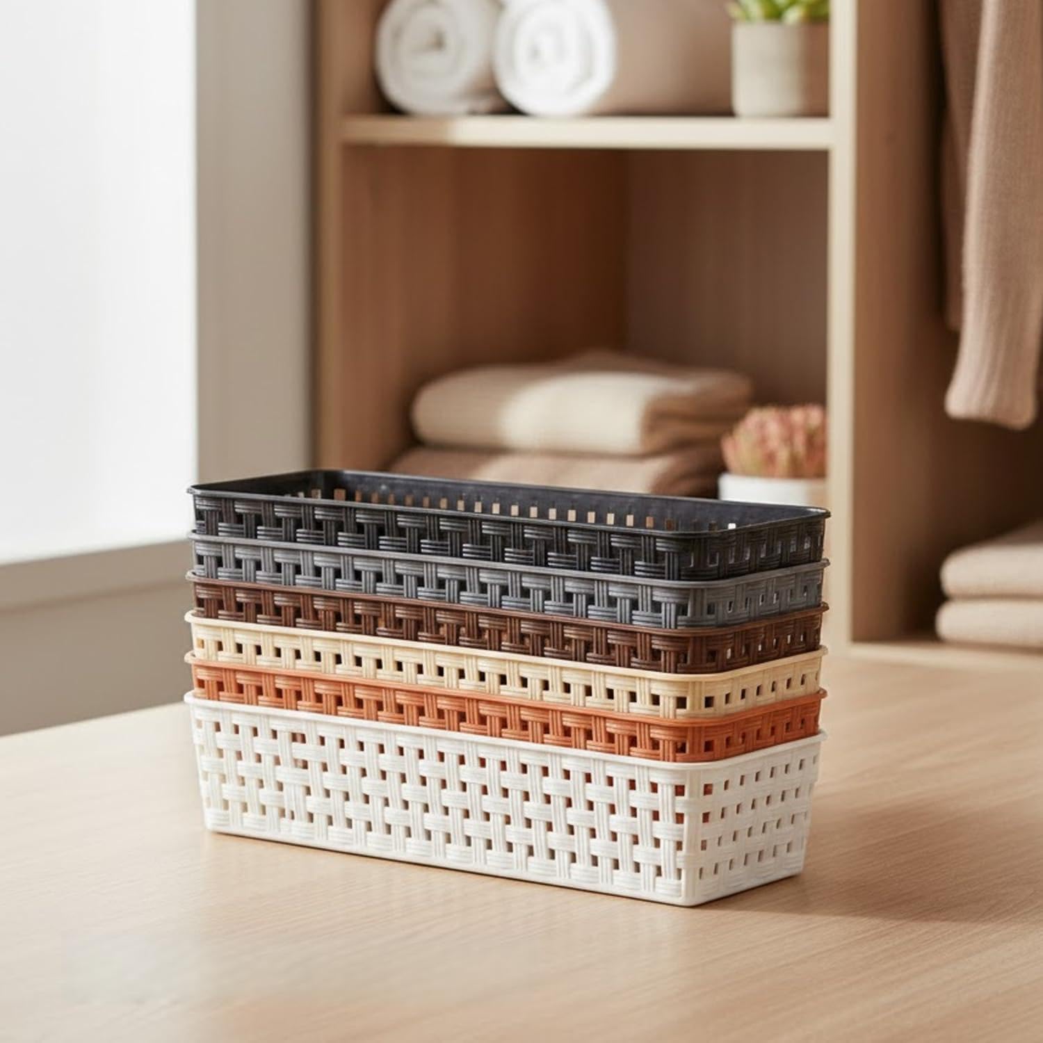 Vidox Wardrobe Organiser, Plastic Multipurpose Desk Tray Set, Multicolour, Stackable Drawer Bins, 6 Pcs