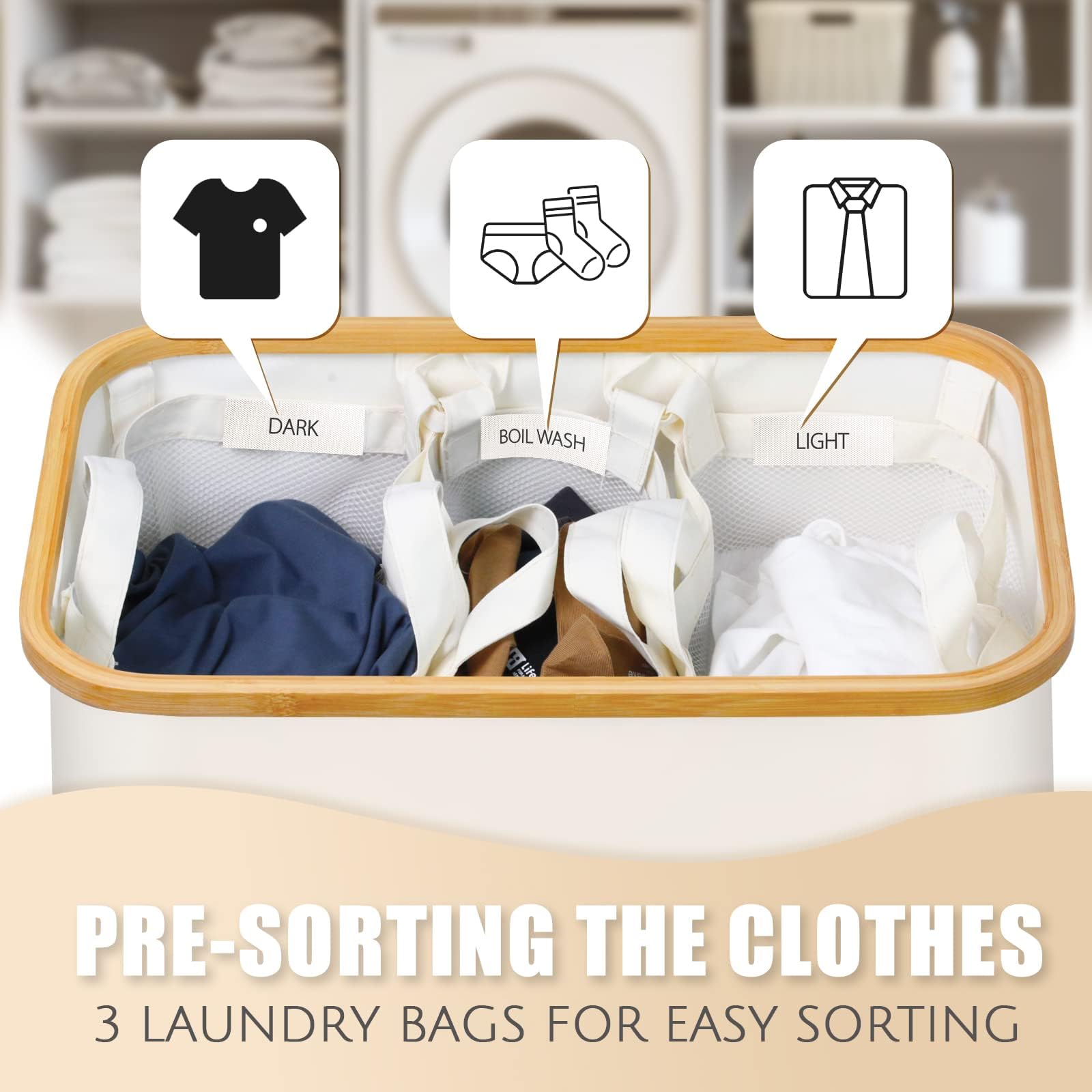Laundry Basket with Lid  145L Extra Large Laundry Hamper 3 Section Dirty Clothes Hampers for Laundry Divided Laundry Basket Organizer for Bedroom Laundry Room Dirty Clothing Hamper Beige