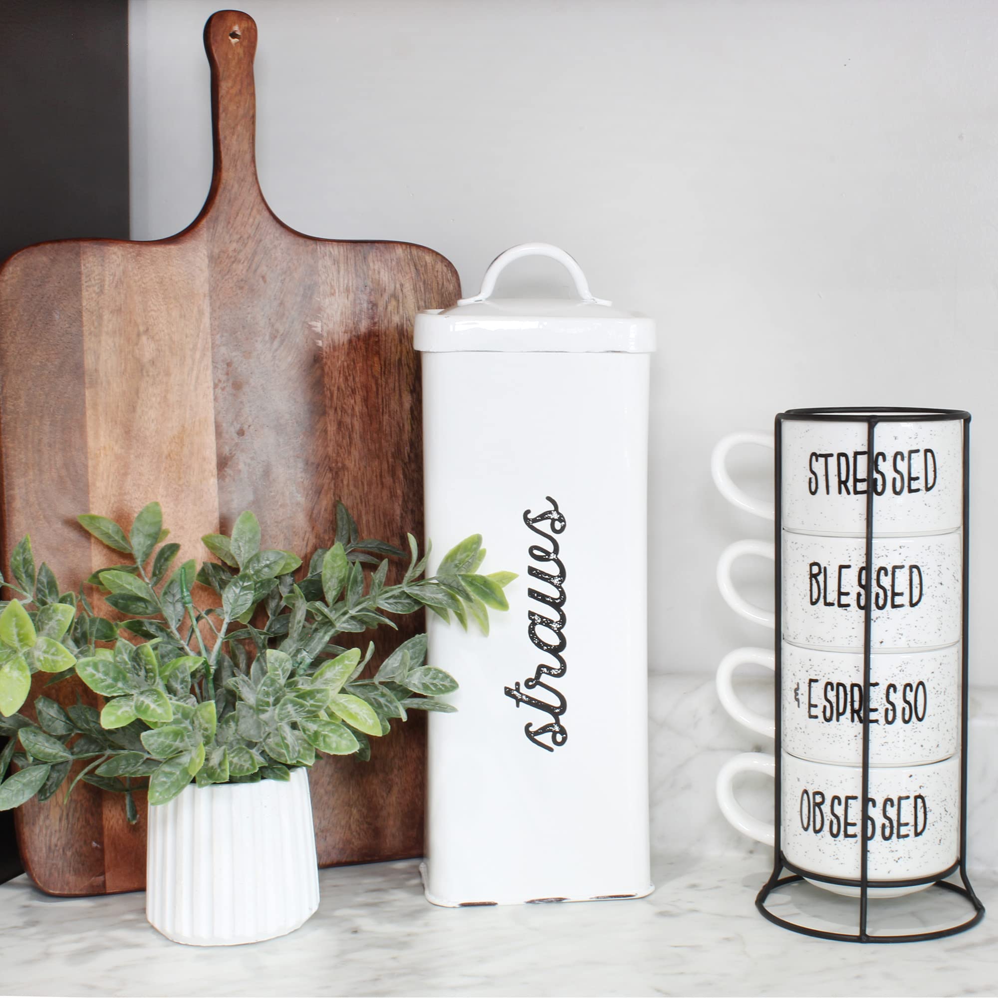 Auldhome Farmhouse Enamelware Straw Holder (White); Rustic Metal Straw Storage Canister