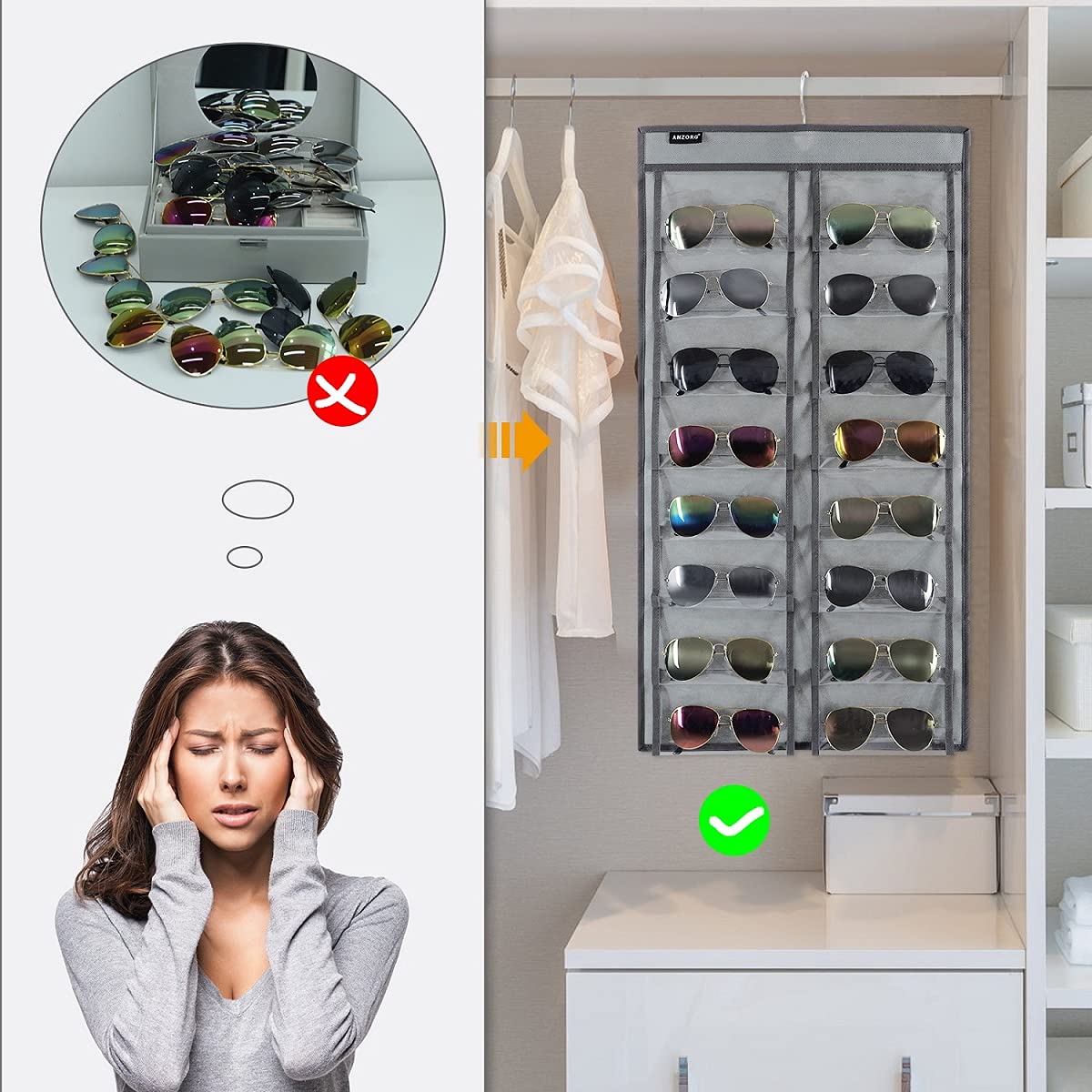 Anzorg Over The Door Hanging Sunglasses Organizer Storage Sunglass Rack Holder Eyewear Display Case With 16 Clear Dust Proof Poc