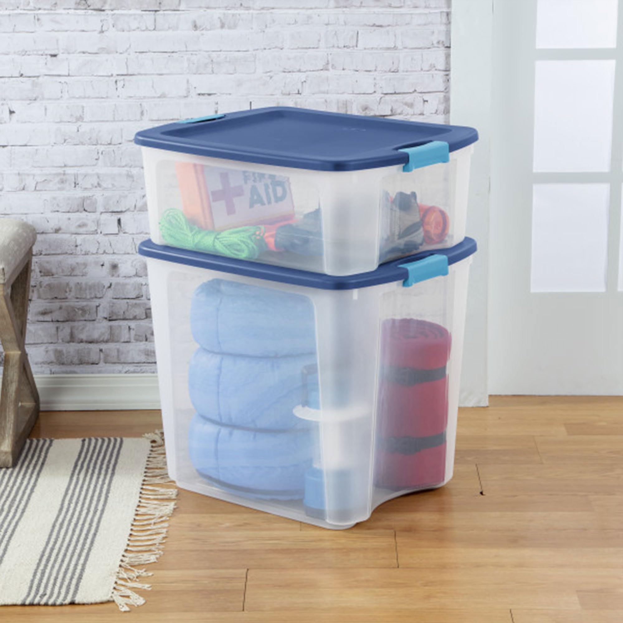 Sterilite 26 Gal Latch And Carry, Stackable Storage Bin With Latching Lid, Plastic Container To Organize Closets, Clear With Blu