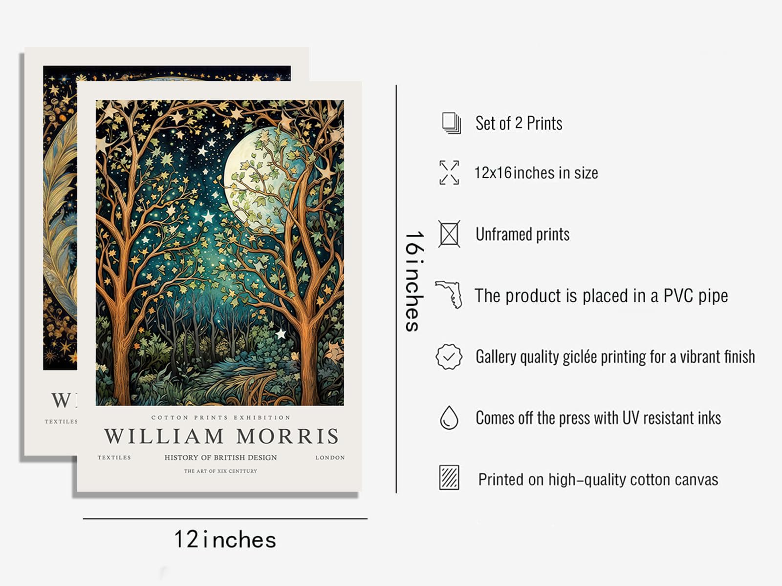 William Morris Canvas Wall Art Set Of 2 William Morris Pictures Moon & Stars Posters Prints Painting Art Botanical Art Wall Deco