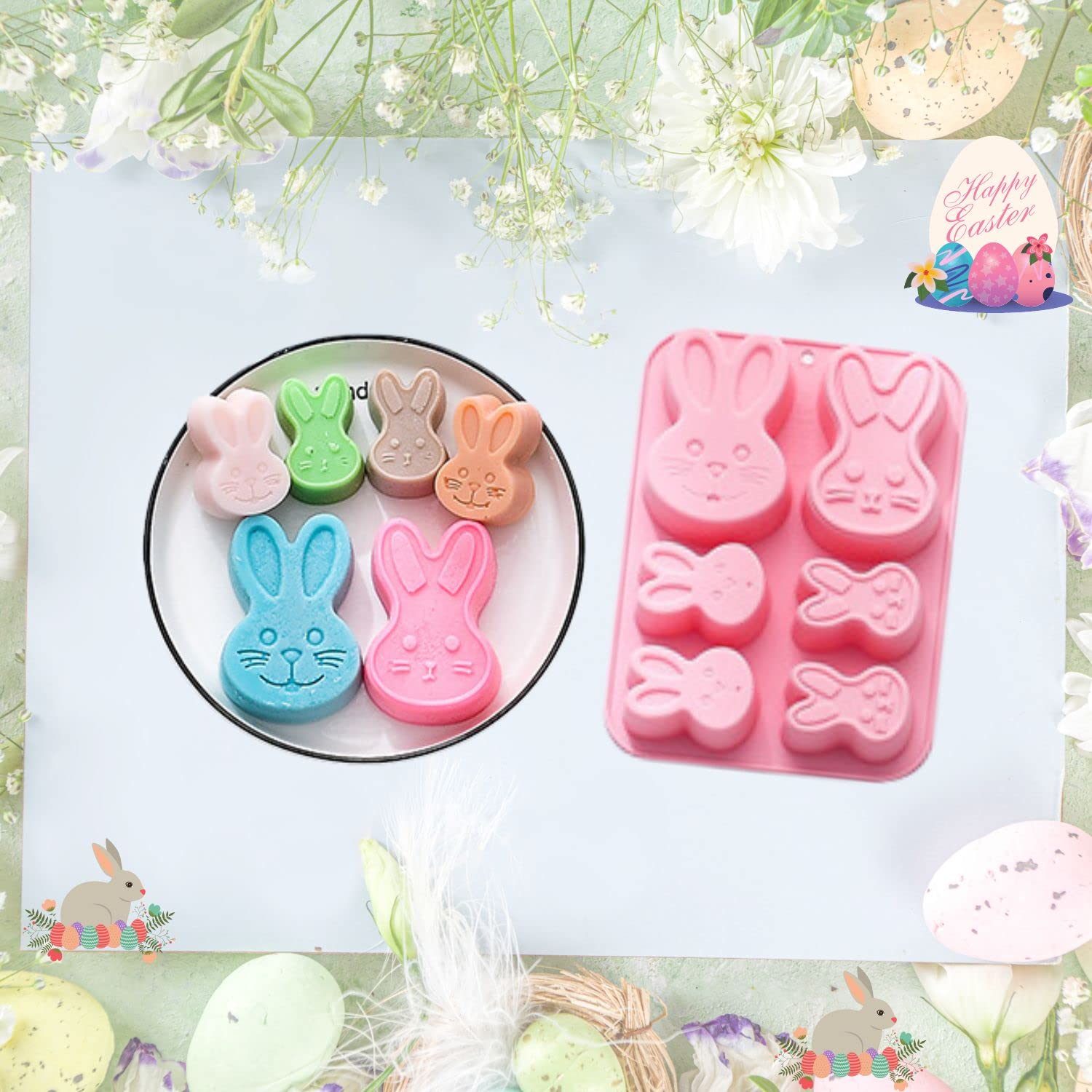 Crethinkaty 1 Pieces Rabbit Silicone Chocolate Moulds 6 Cavity Bunny Head Shapes Easter Molds For Diy Chocolate,Candy,Jelly