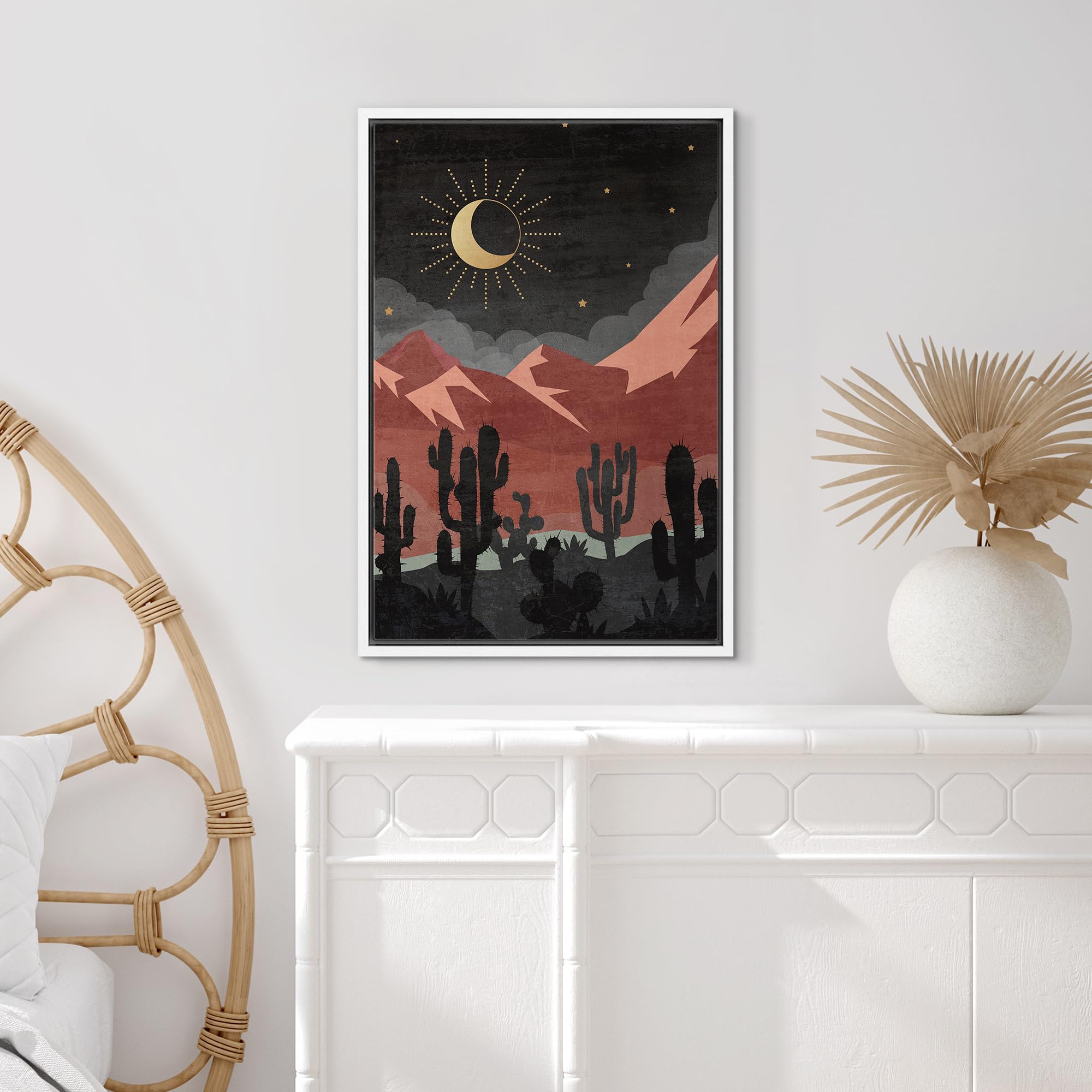 Signford Framed Canvas Print Wall Art Desert Nightscape With Crescent Moon And Cacti Silhouettes Nature Wilderness Illustrations