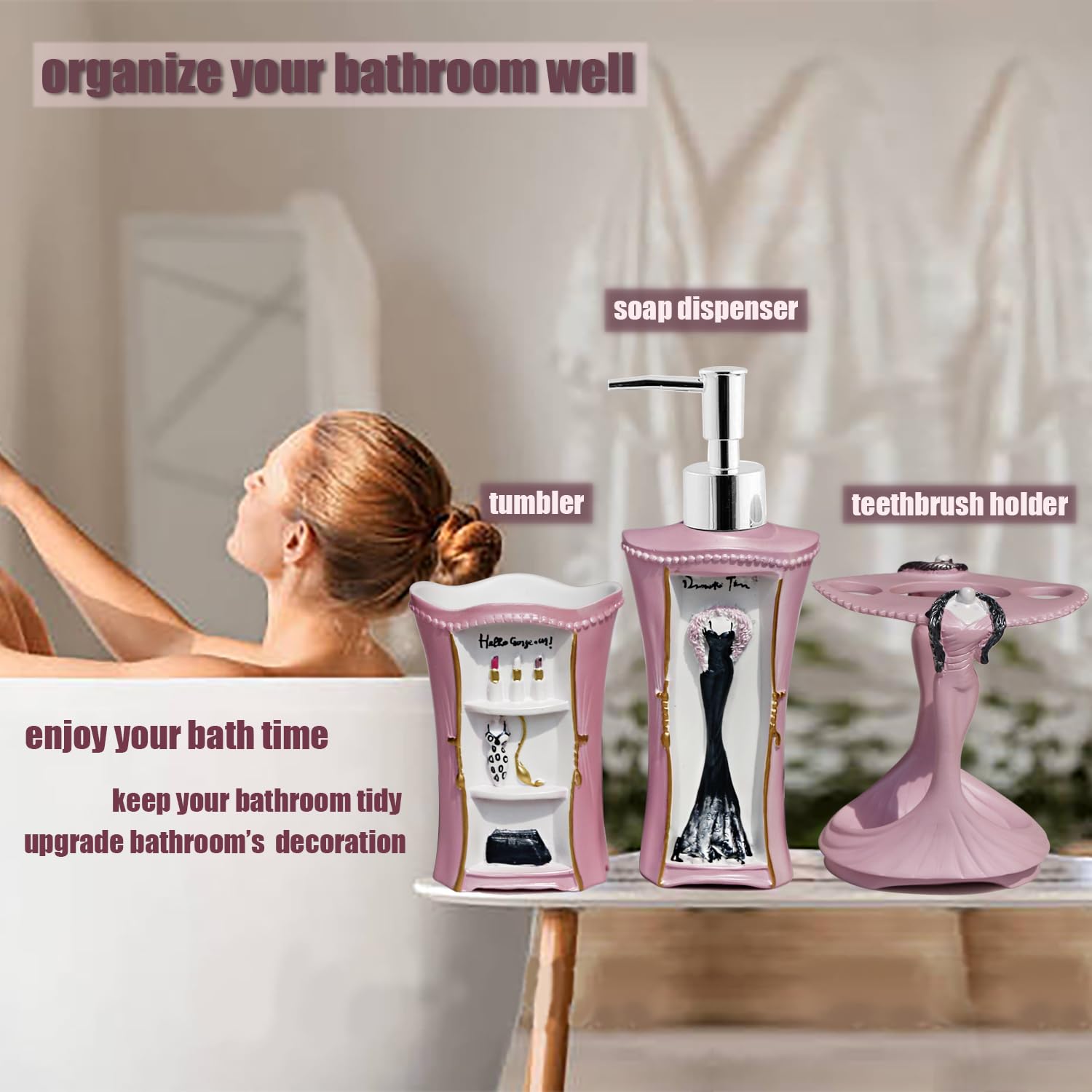 5 Piece Bathroom Accessories Set, Collection Bath Set Features Soap Dispenser, Toothbrush Holder, Tumbler, & Soap Dish (Pink)