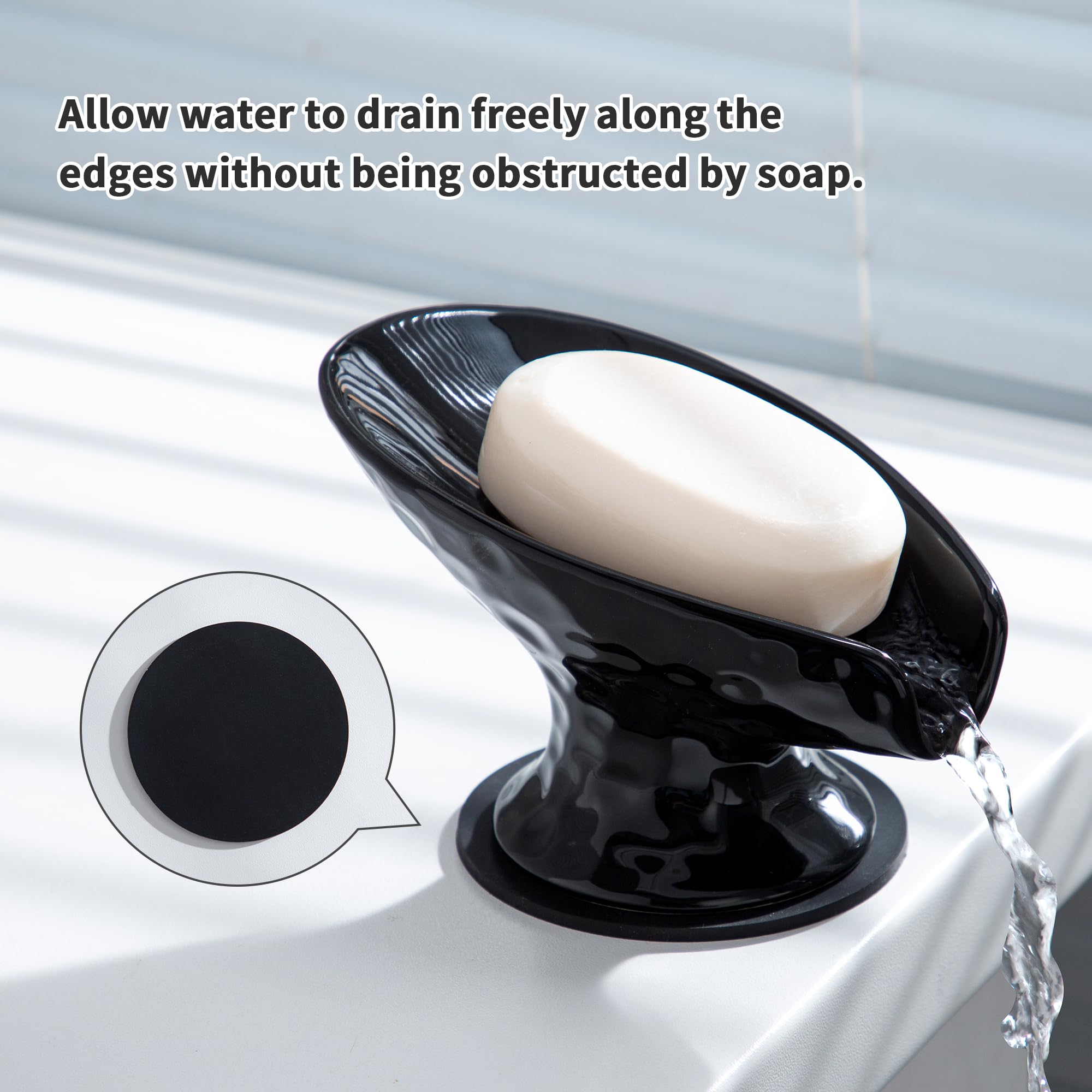 Self Draining Soap Dish, Bar Soap Holder For Shower,Black Ceramic Soap Dishes For Bathroom Kitchen Shower Keeps Soap Dry, Easy T