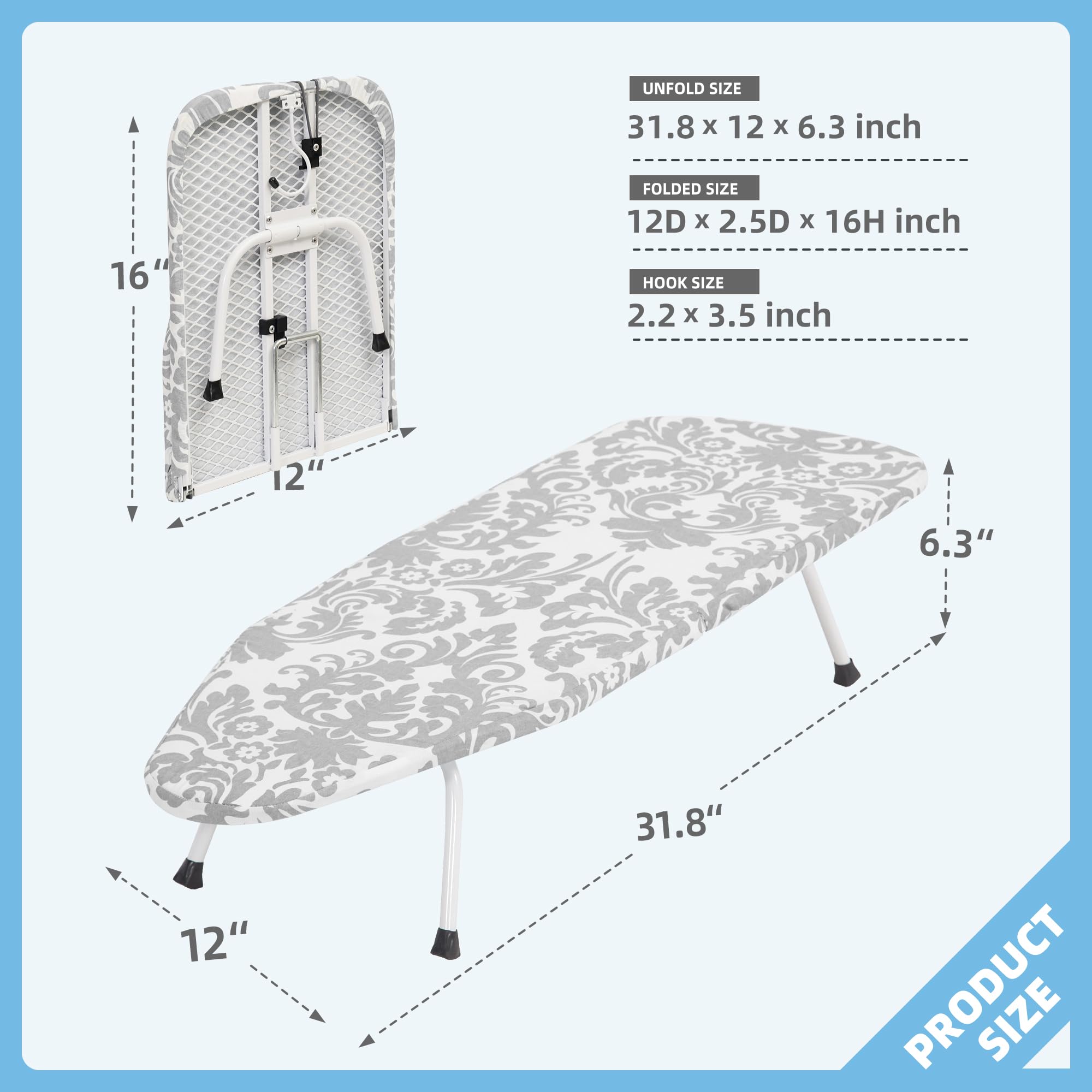 Storage Maniac Tabletop Ironing Broad, All Iron Frame Mini Folding Ironing Broad With 2 Removable Cover, Portable Small Ironing