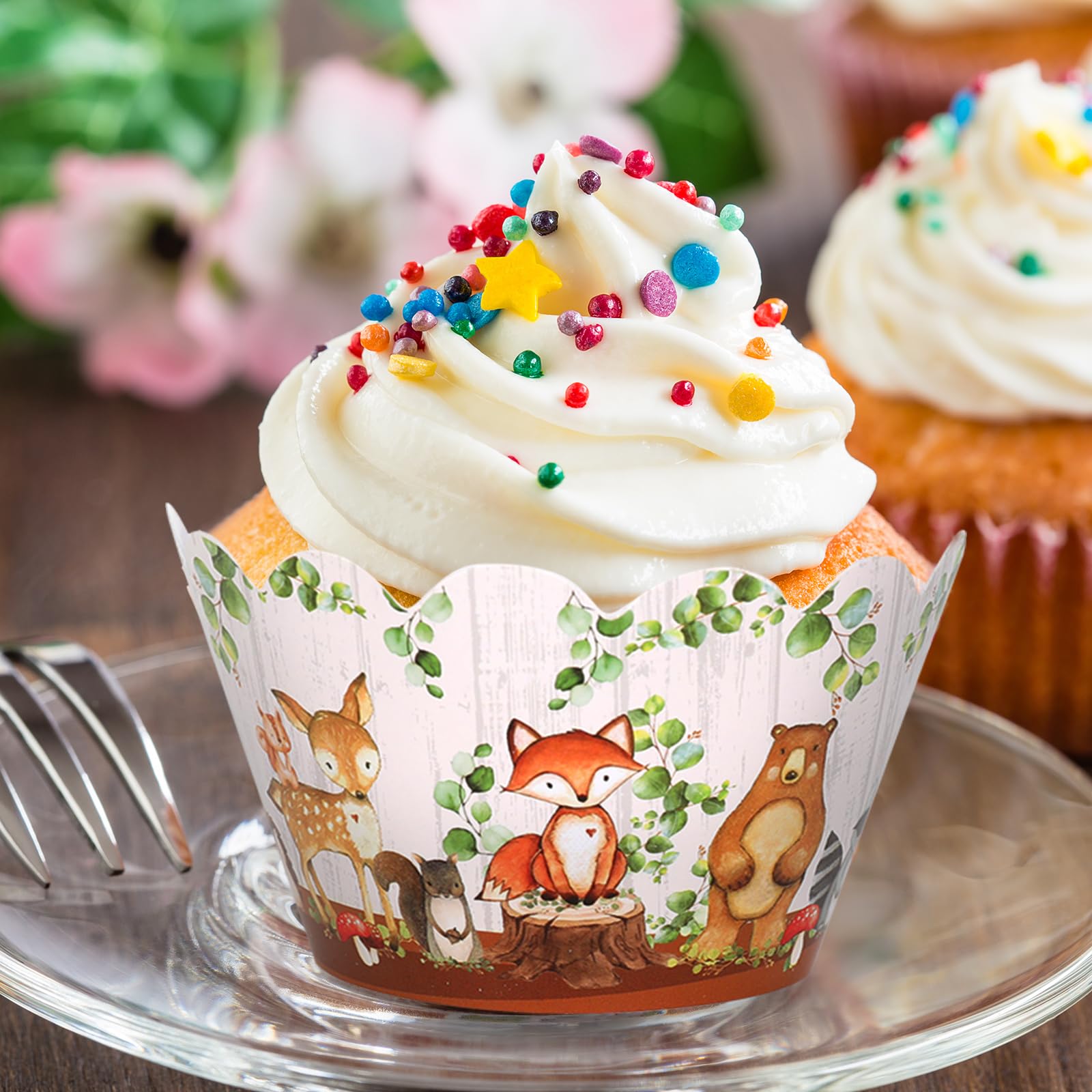 Whaline 36Pcs Woodland Creatures Cupcake Wrappers Forest Animal Cupcake Liners Cute Paper Baking Cup Decorative Cupcake Holders