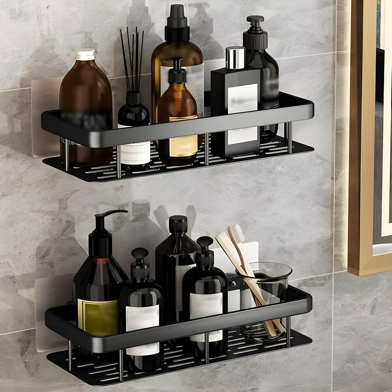 Heyzem 2 Pcs Aluminum Wall Mounted Bathroom Organiser, Floating Shelf For Wall For Bathroom Cabinet Multifunctional Large Capaci