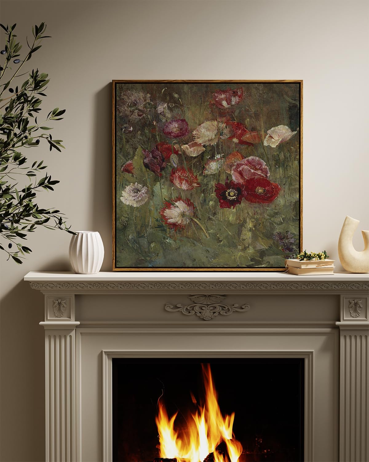 Insimsea Square Framed Canvas Wall Art, Large Decor A Bed Of Poppies Paintings, Classical Floral Wall Pictures For Bedroom Bathr