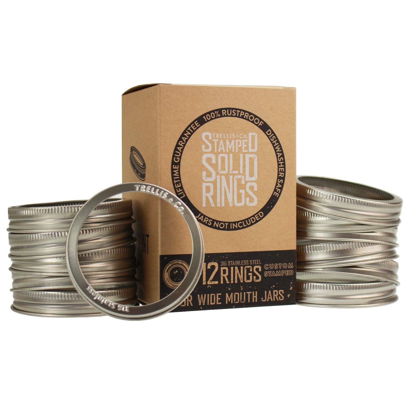 Trellis + Co. Stamped Stainless Steel Wide Mouth Mason Jar Replacement Rings/Bands/Tops | Durable & Rustproof | For Pickling, Ca