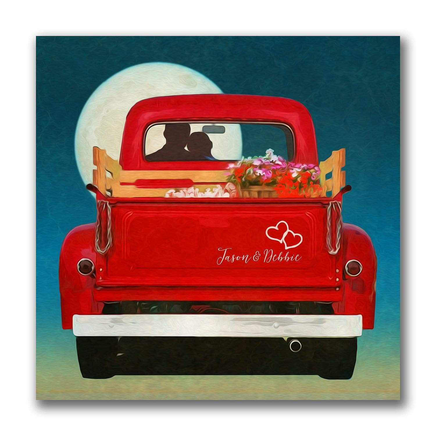 Sharing The Moon - Personalized Romantic Red Truck Decor Art (33''X33'' Gallery Wrapped Canvas)