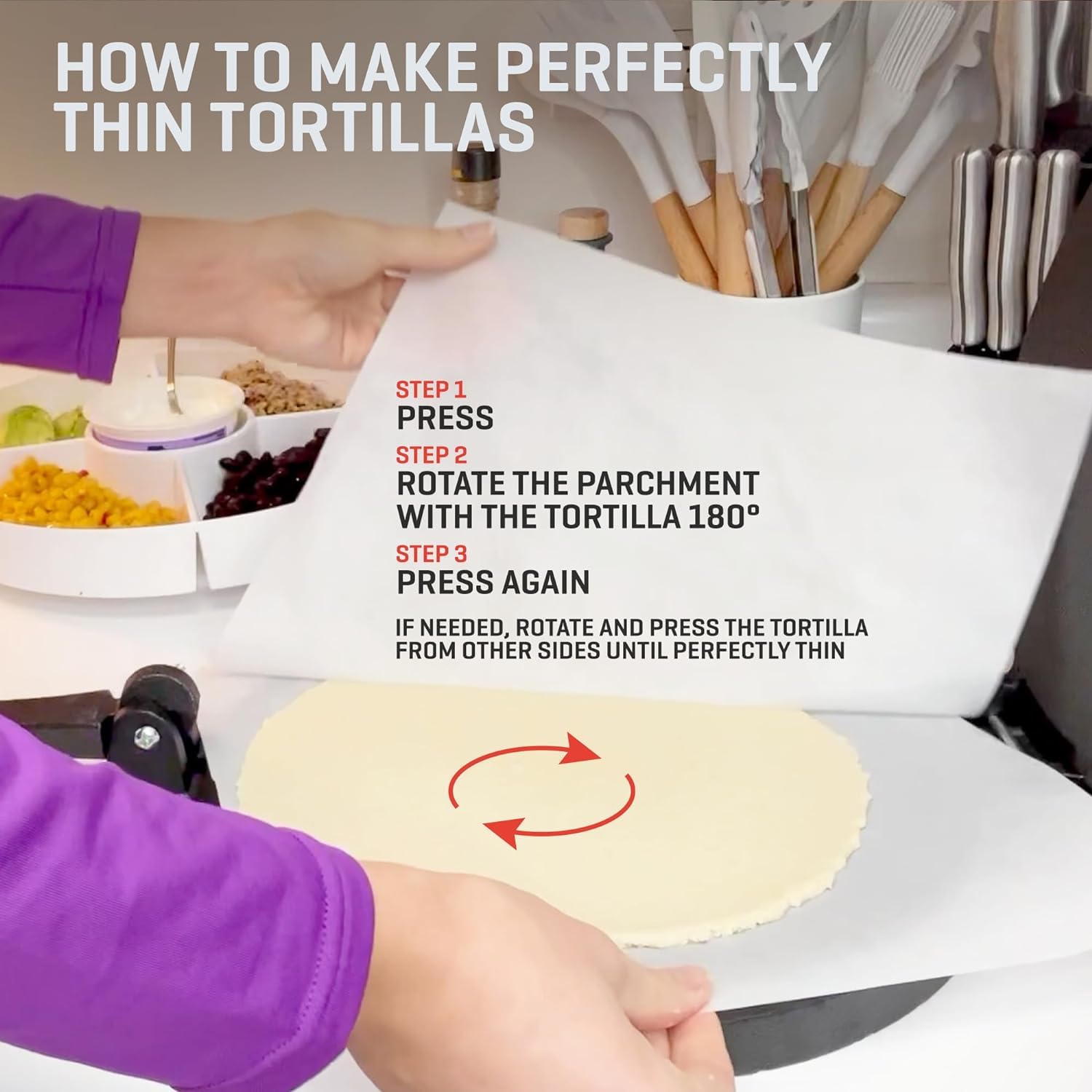 Uno Casa Cast Iron Tortilla Press 8 Inch - Tortilla Maker Press  Pre-Seasoned Roti Maker with 100 Pcs Parchment Paper  Heavy Duty Quesadilla Maker - Pataconera for Flour Tortilla  Tawa