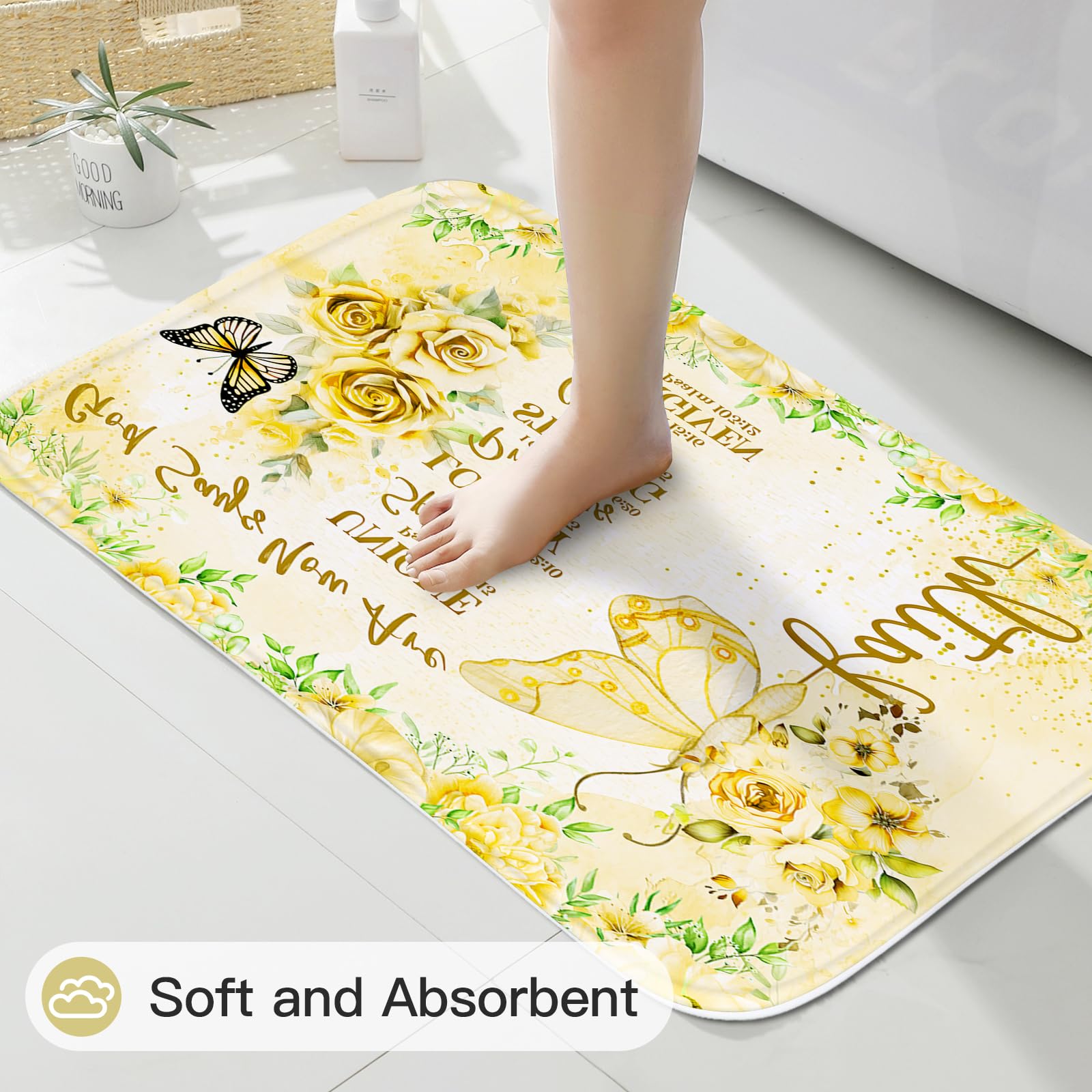 Litabel 4 Pcs Yellow Butterfly Inspirational Quotes Shower Curtain Set With Rugs And Toilet Lid Cover, Colorful Boho Waterproof