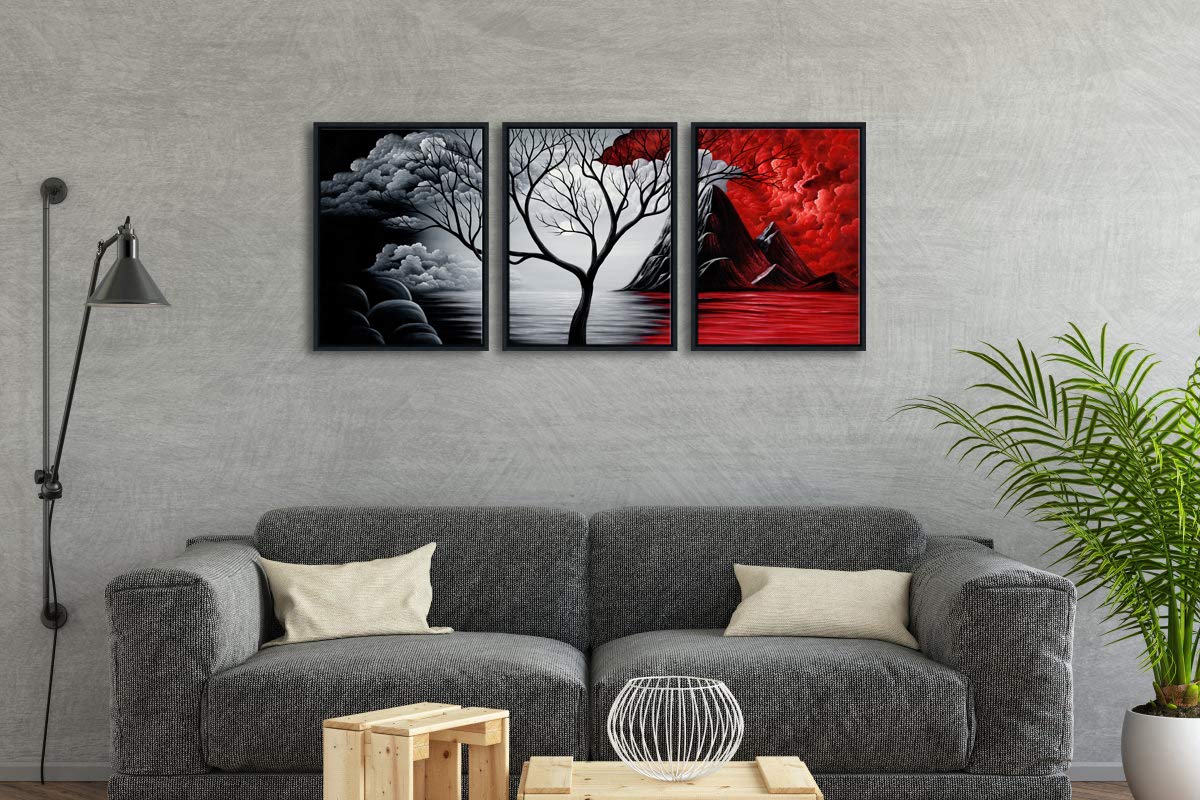 Wieco Art Framed Wall Art the Cloud Tree Wall Art HD print of Oil Paintings Landscape Canvas Prints for Home Decorations  3 Panels with Black Frames