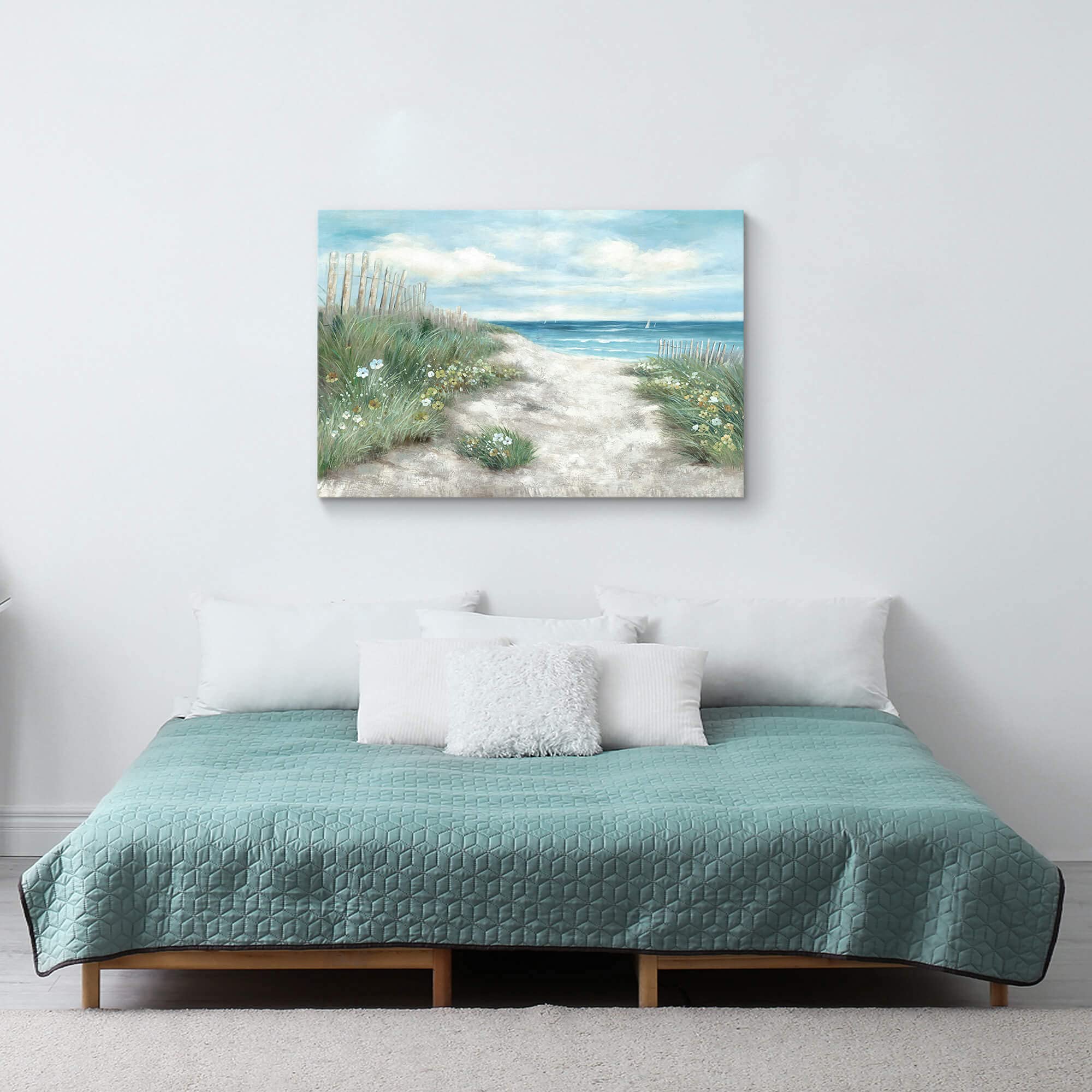 Wallsup Decor Abstract Beach Coastal Painting Canvas: Flower & Straw With Blue Sky Wall Art Seascape Artwork Picture For Living