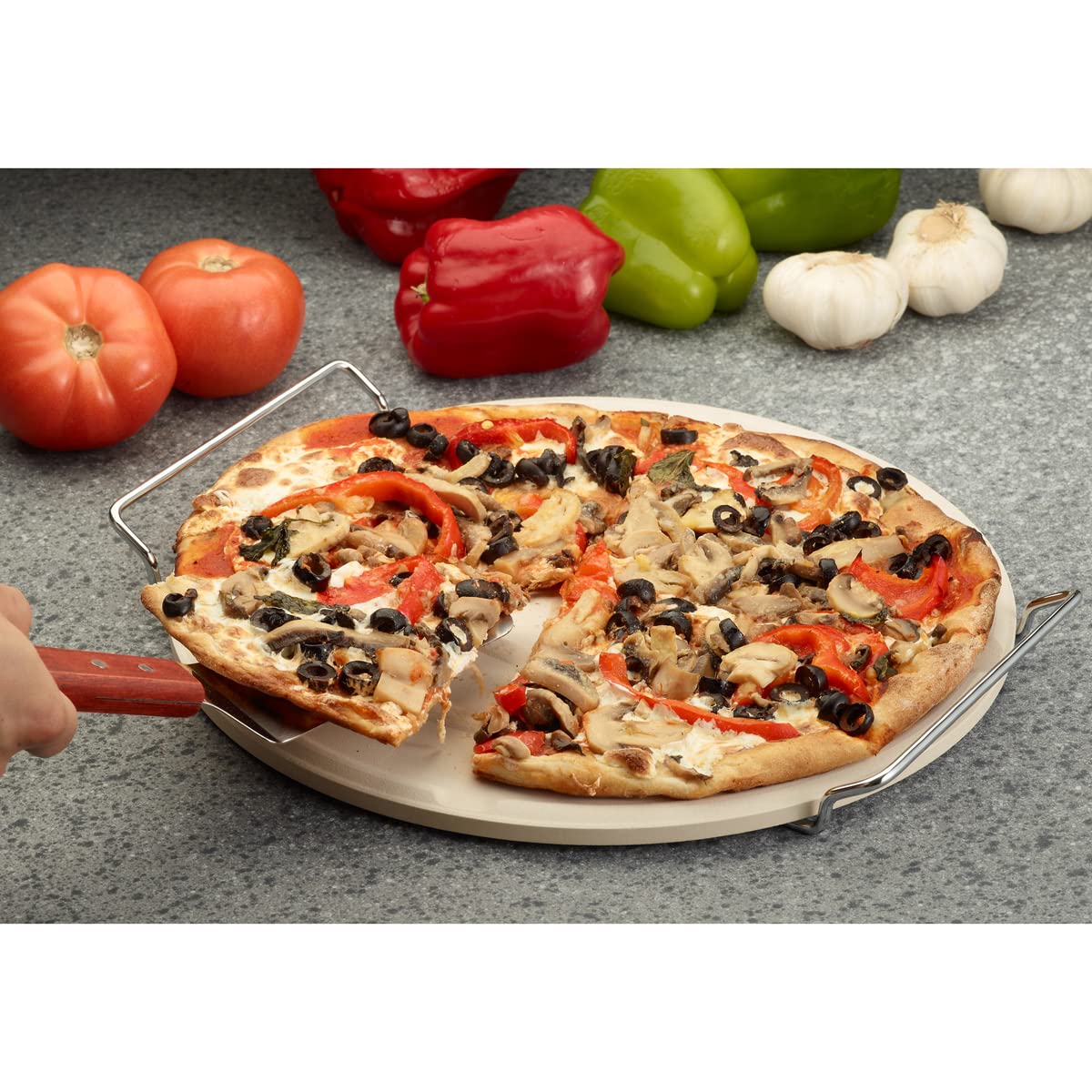 Fantes Pizza Baking Stone With Serving Rack, Natural Ceramic Stoneware, The Italian Market Original Since 1906
