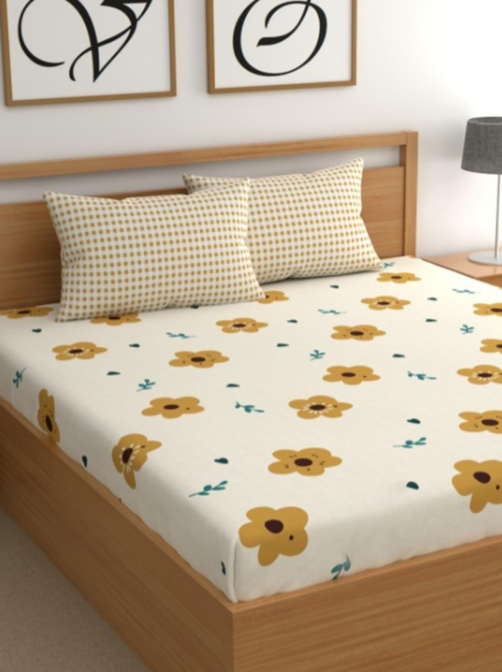 NeLeo King Size Elastic Fitted Bedsheet with Two Pillow Covers, Floral Print, Fits up to 72 * 78 * 10 Inches Mattress (Sunflower