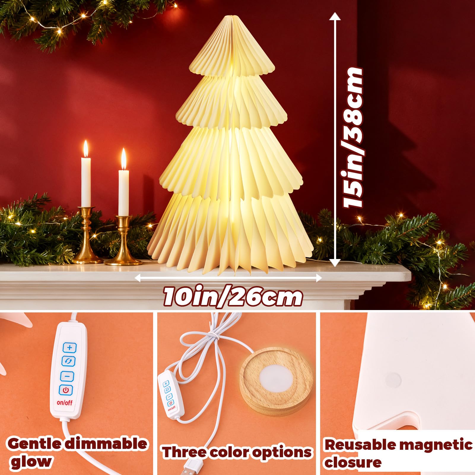 OBBOLO White Paper Christmas Tree, 15 Inch Honeycomb Christmas Tree Glow, White Honeycomb Trees Tabletop Decorations for Holiday