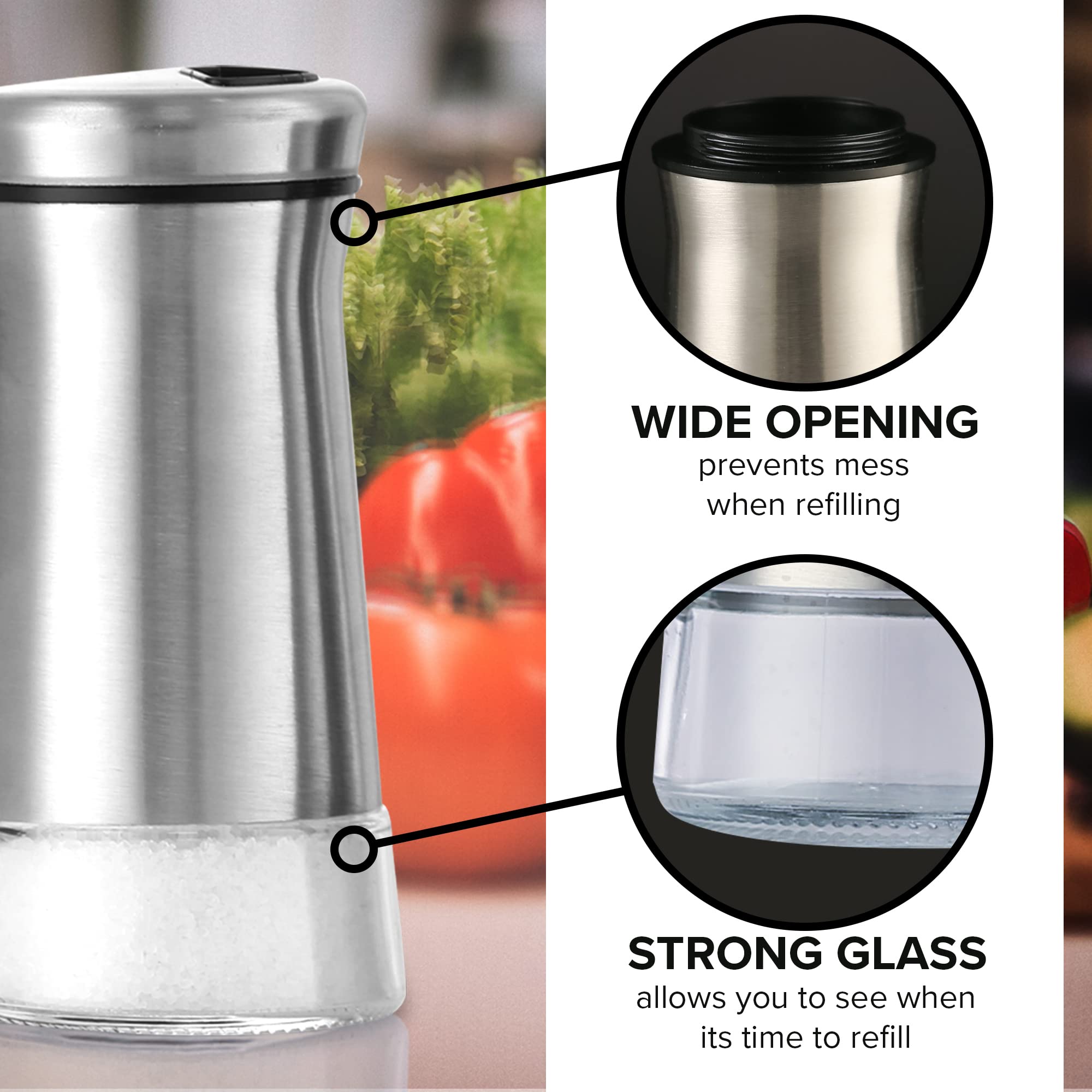 The Original Salt And Pepper Shakers Set - Silver- Spice Dispenser With Adjustable Pour Holes - Stainless Steel & Glass Set Of 2