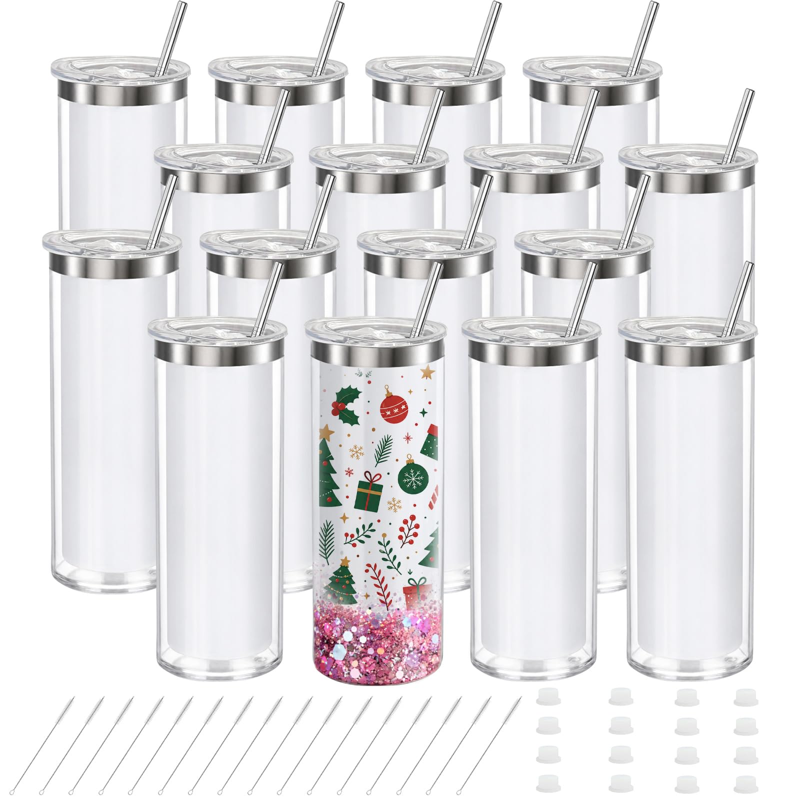 YOUKE OLA 16 Pack Double Wall Pre Drilled Sublimation Storyboard Snow Globe Tumbler, Stainless Steel Inner tumbler with Acrylic 