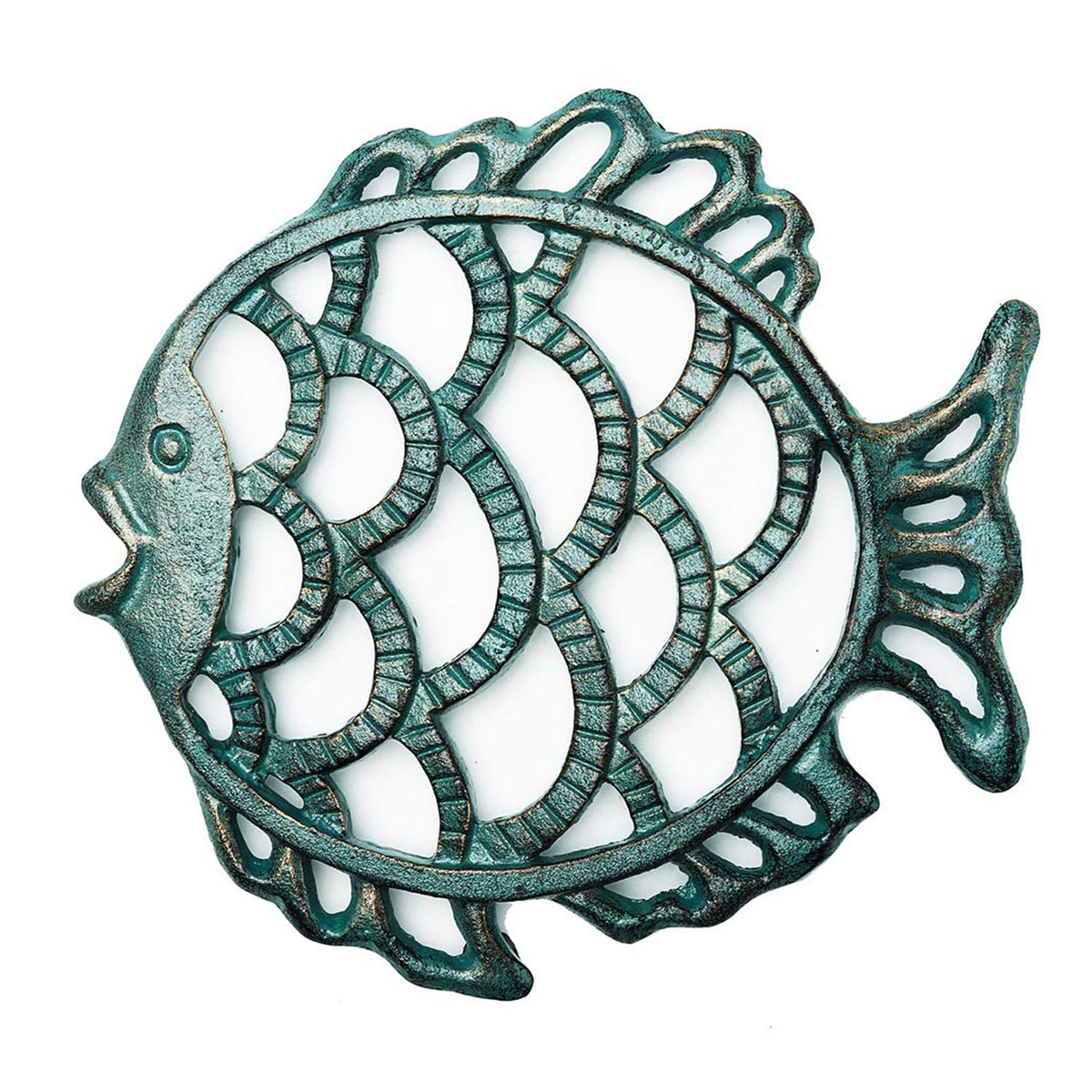 Sungmor Cast Iron Cute Fish Trivet For Wood Stove - Dia-7.5 Inch Dark Green Finish - Rustproof Round Stands For Hot Pots/Dishes/