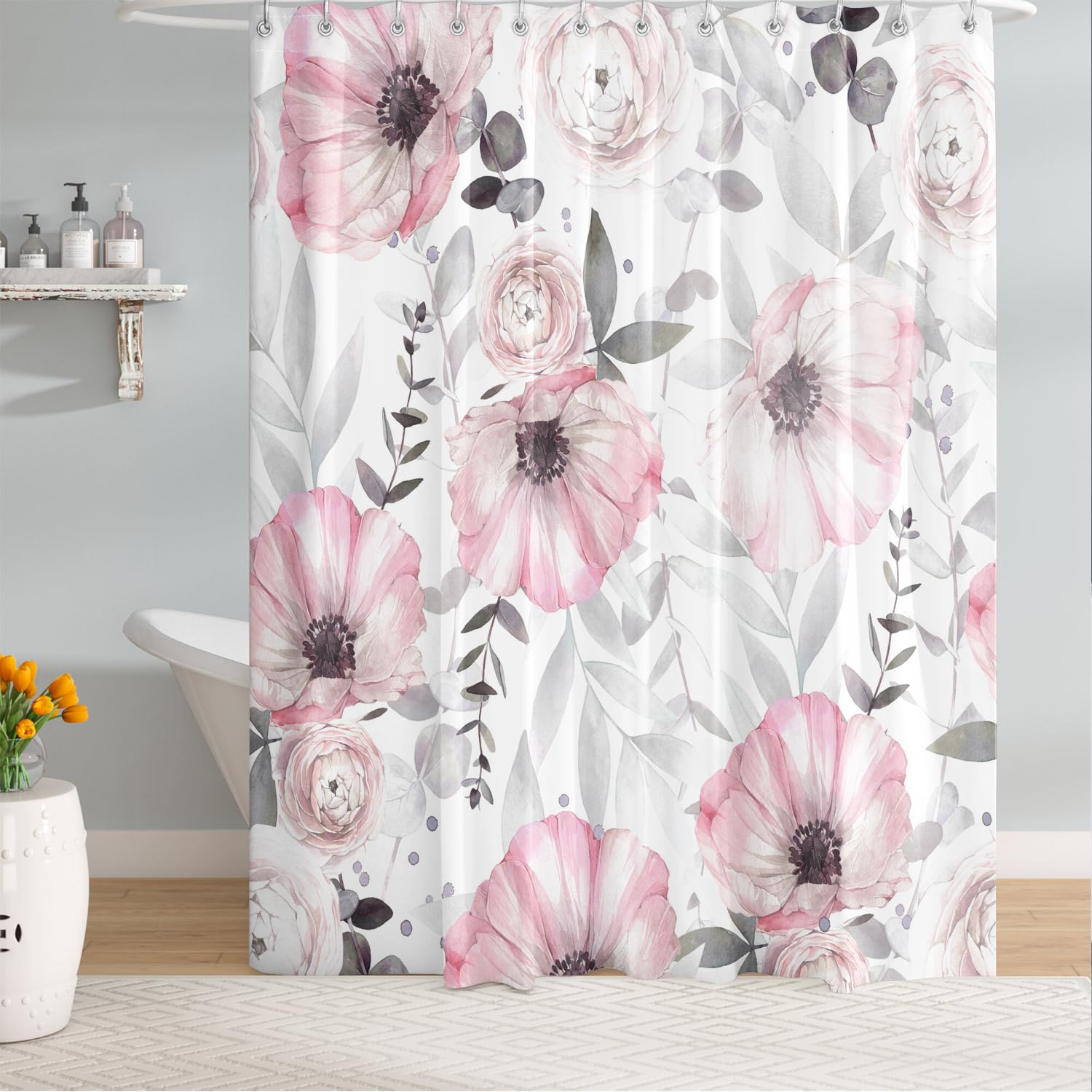 Bivinar Tender Pink Floral Shower Curtain, Watercolor Flowers Bathroom Shower Curtain, Fabric Waterproof Shower Curtain With 12