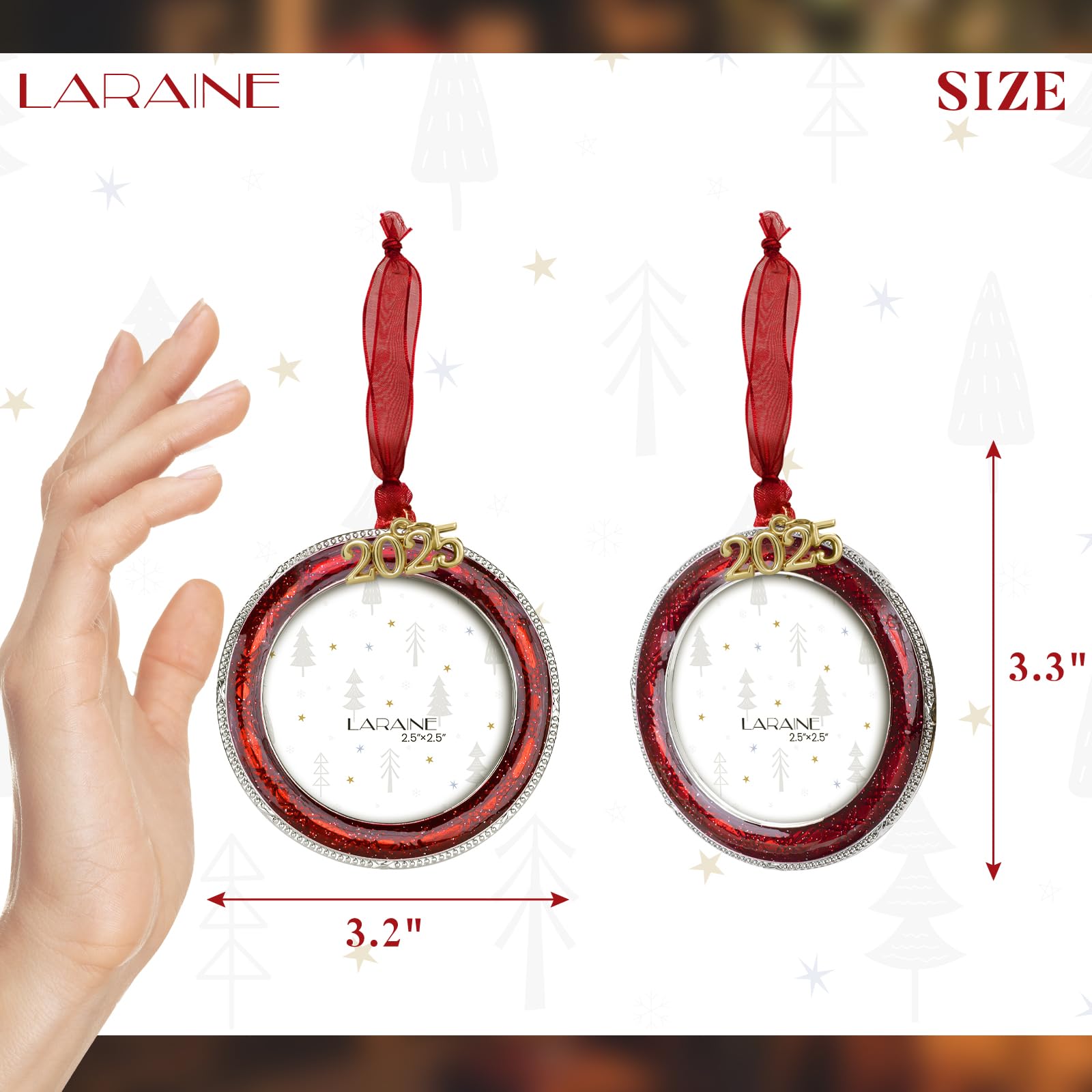 Laraine Christmas Tree Ornaments - Decorative Hanging 2025 Holiday Keepsake Gift Round Pendant with 2.5    Photo Frame Insert fo