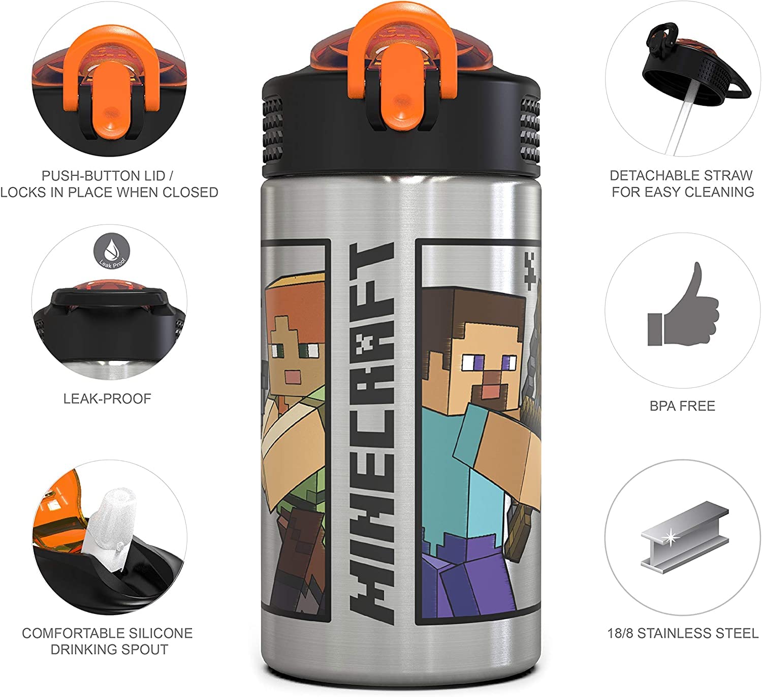 Zak Designs Minecraft - Stainless Steel Water Bottle With One Hand Operation Action Lid And Built-In Carrying Loop, With Straw S