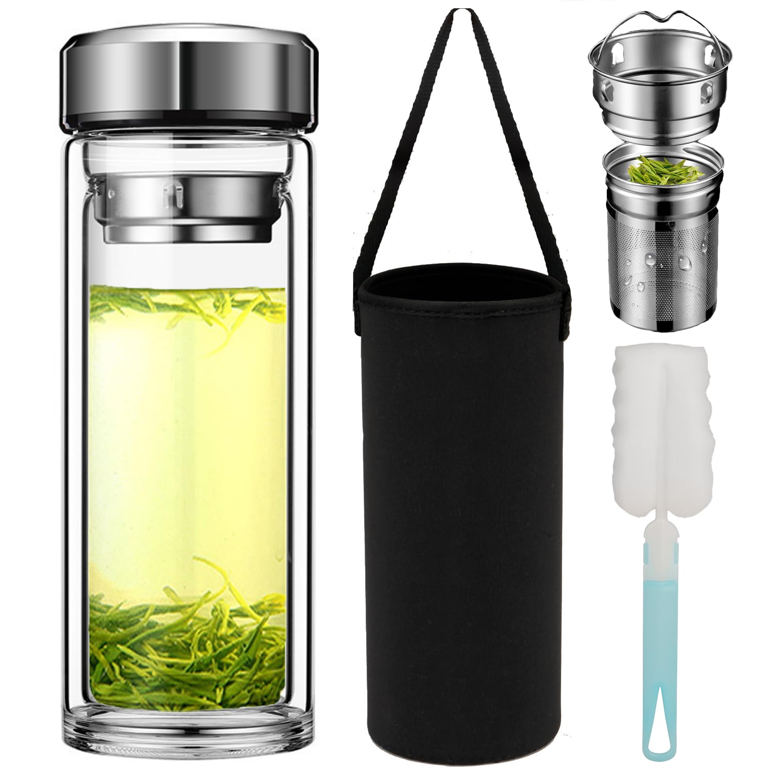 Pauzema Tea Tumbler With Infuser, 20Oz Tea Bottle With 2 In 1 Infuser, Double Wall Borosilicate Glass Tea Bottle 100% Leak-Proof