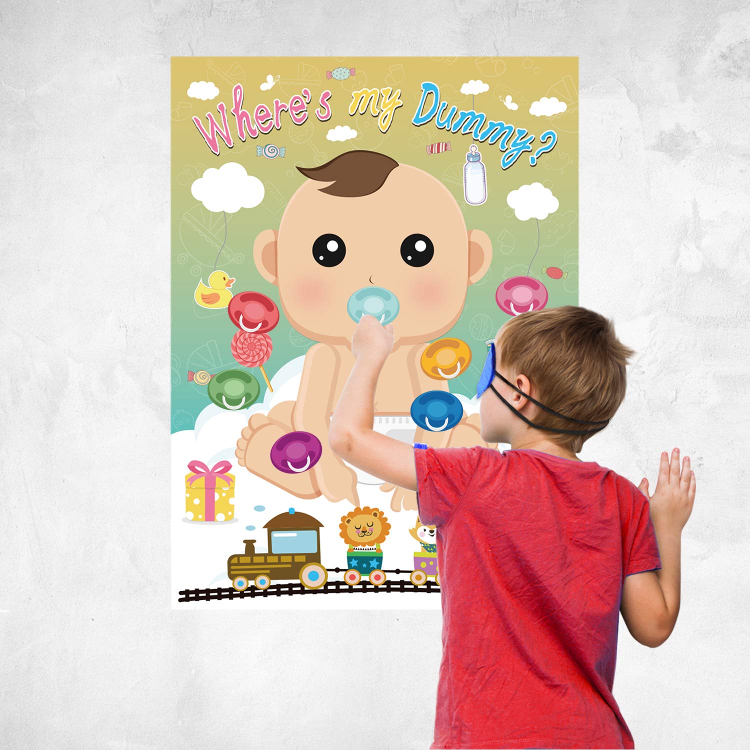 FEPITO Baby Shower Party Games Juegos para Baby Shower Pin The Dummy on The Baby Game with 24Pcs Pacifier Stickers for Baby Shower Party Supplies