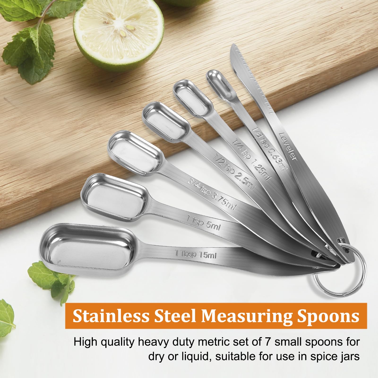 S-Shiwei Life Stainless Steel Measuring Spoons Set, 7-Piece Heavy Duty, Metric Sizes 1/8 to 1 tbsp, Silver, Includes Leveler