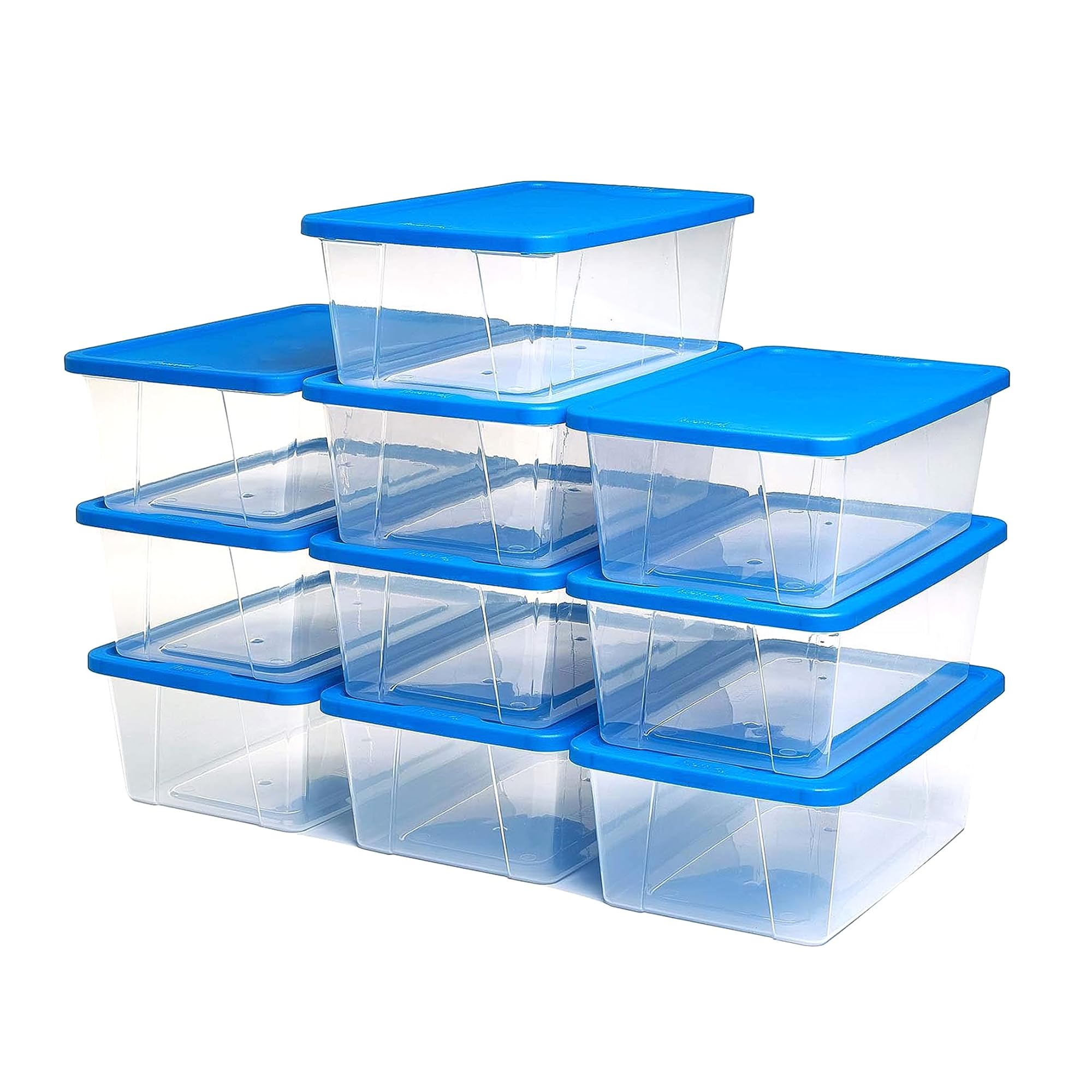 Homz 10 Pack Storage Bins, Clear Plastic Organizing Containers W/Blue Lids, 6 Quart