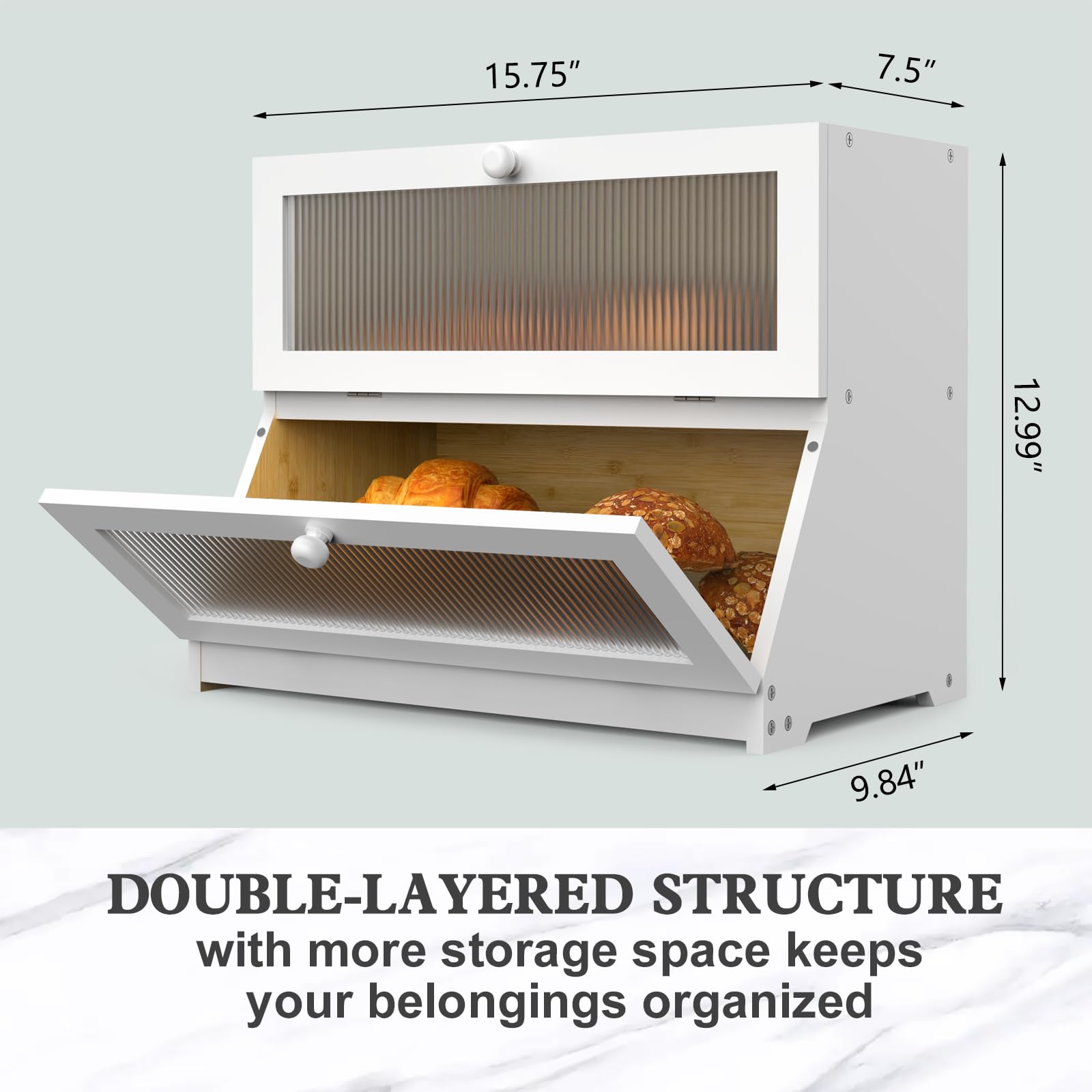 Lohasok Double Layer Bamboo Bread Box For Kitchen Counter-Large Capacity Bread Storage Container Farmhouse Bread Box With Window