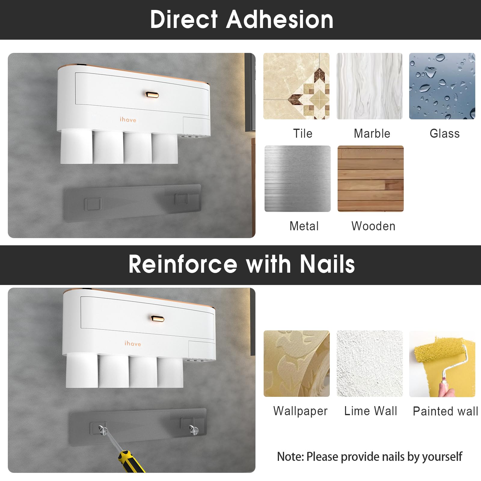Ihave Toothbrush Holders For Bathrooms, 4 Cups Toothbrush Holder Wall Mounted With Large Capacity Drawer And Tray - Bathroom Sto