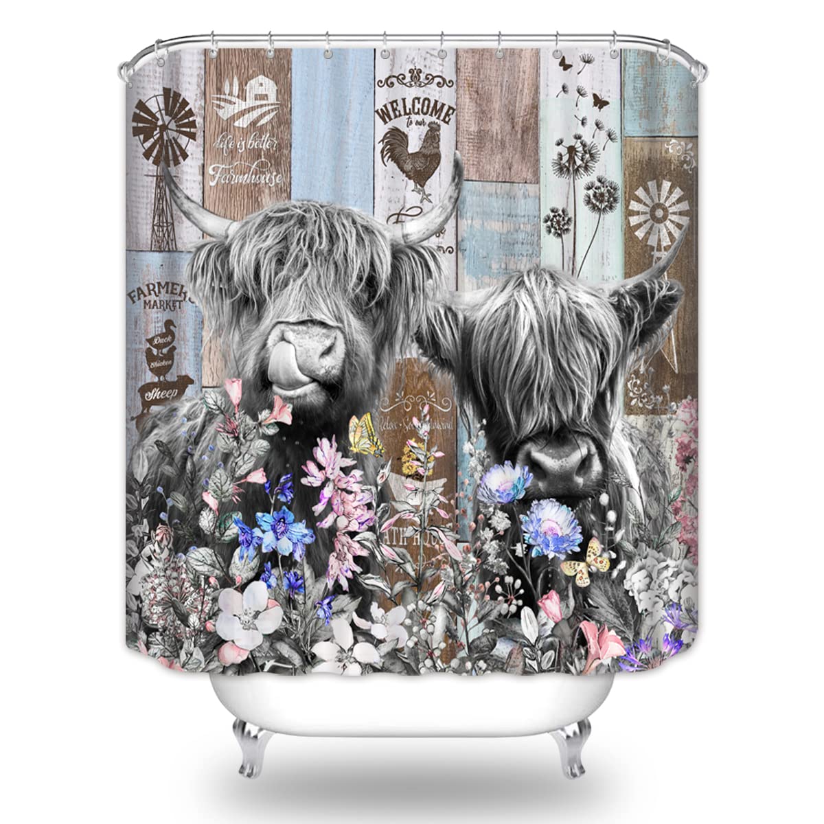 Biysuc Farmhouse Cow Shower Curtain Rustic Funny Highland Cattle Wildflower Windmill Farm Wildlife Animal Wooden Board Country B