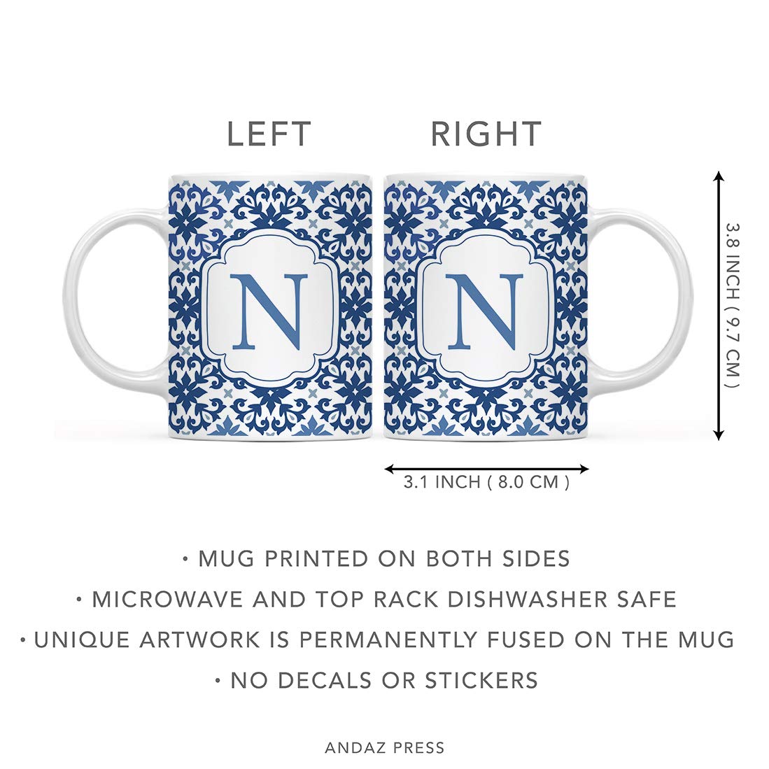 Andaz Press 11oz. Ceramic Coffee Tea Mug Gift, Moroccan Monogram Initial Letter N, 1-Pack, for Her, Birthday Christmas Ideas, Mo