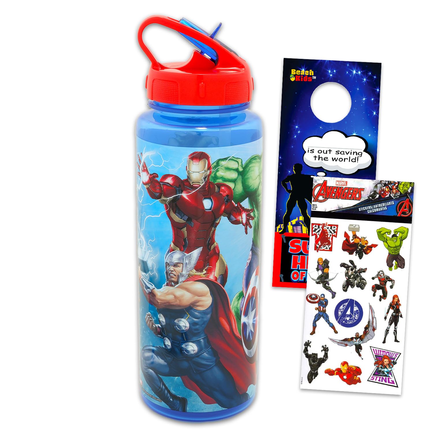 Marvel Avengers Reusable Water Bottle Set  30 Oz Bundle Plastic Water Bottle with Spout for Home, School, Sports Plus Sticker, 