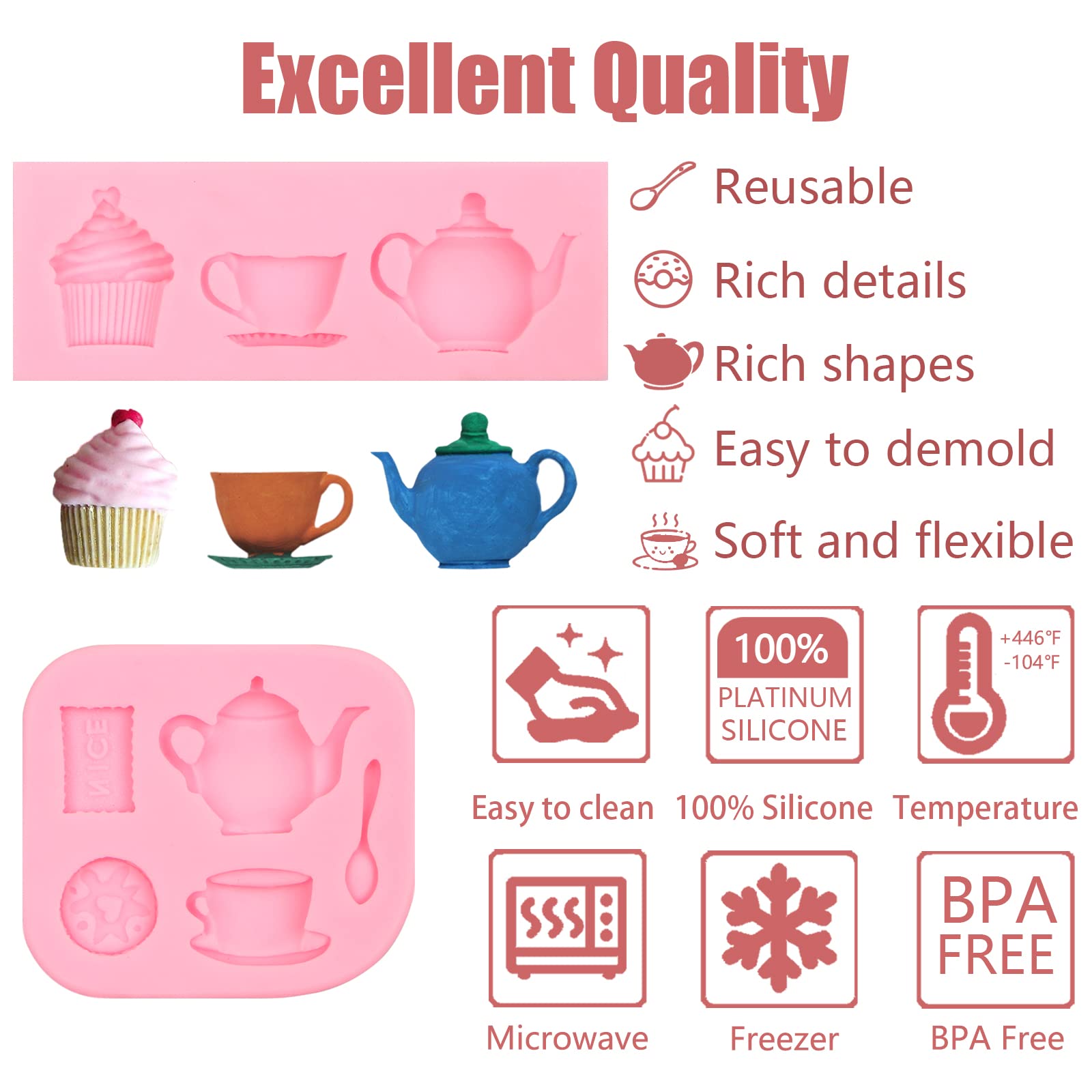 Tea Party Silicone Molds 2 Pcs, Afternoon Tea Chocolate Fondant Mold For Cake Decoration, Candy Sugar, Cupcake Topper, Cake Pop,