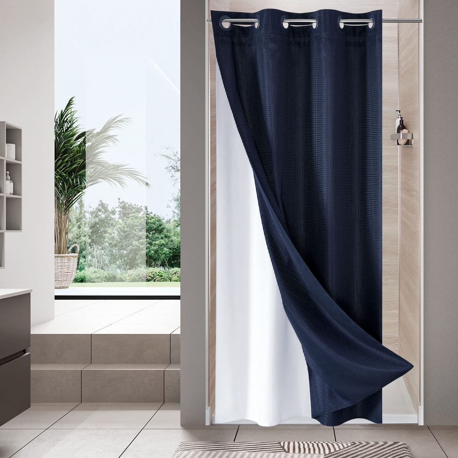Mitovilla No Hooks Needed Waffle Small Stall Shower Curtain 36 X 74, Navy Blue Half Size Narrow Fabric Cloth Shower Curtain Set