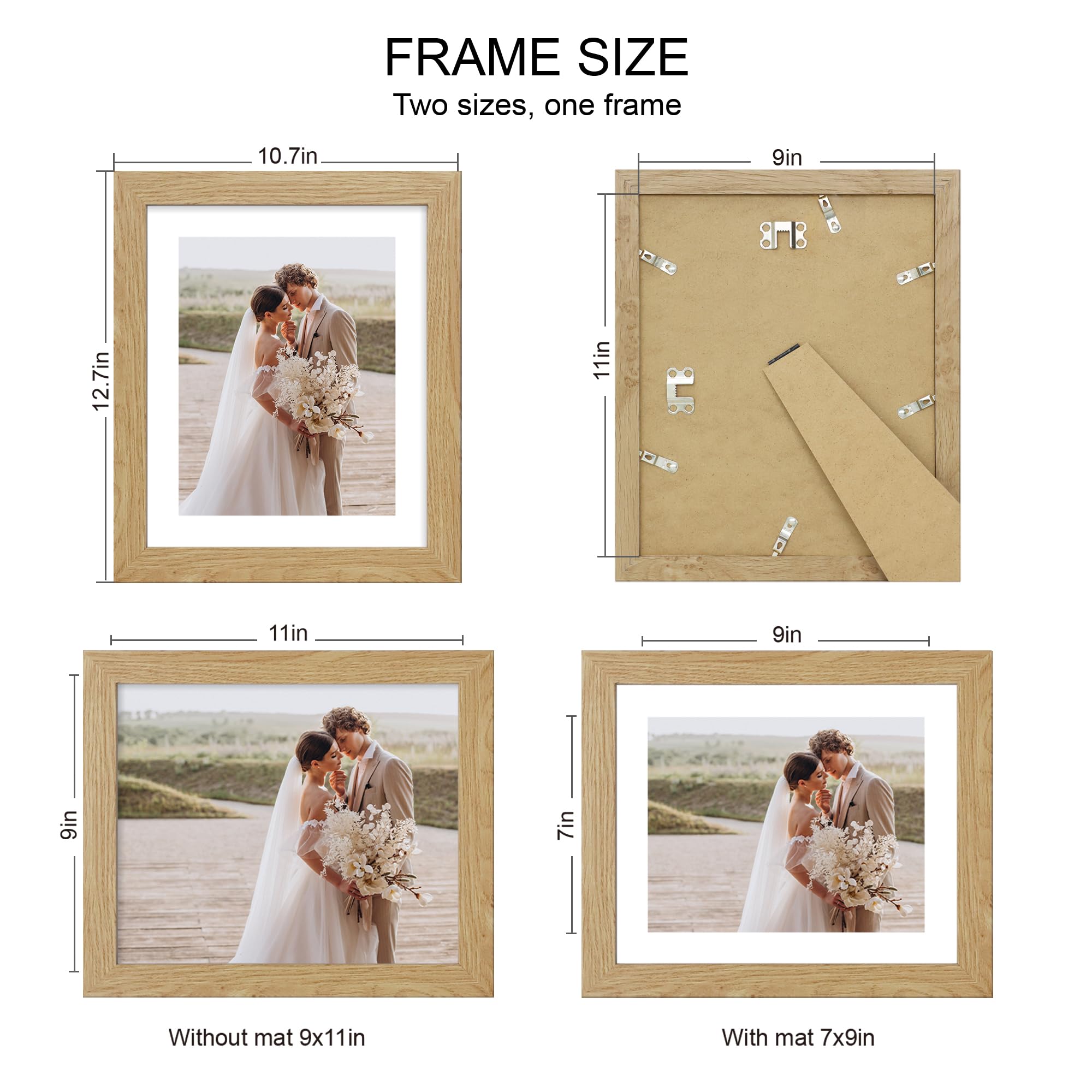 Hongkee 9x11 Picture Frame Set of 4, Made of Real Glass and Natural Oak Frame - Display Picture 7x9 with Mat or 9x11 Without Mat
