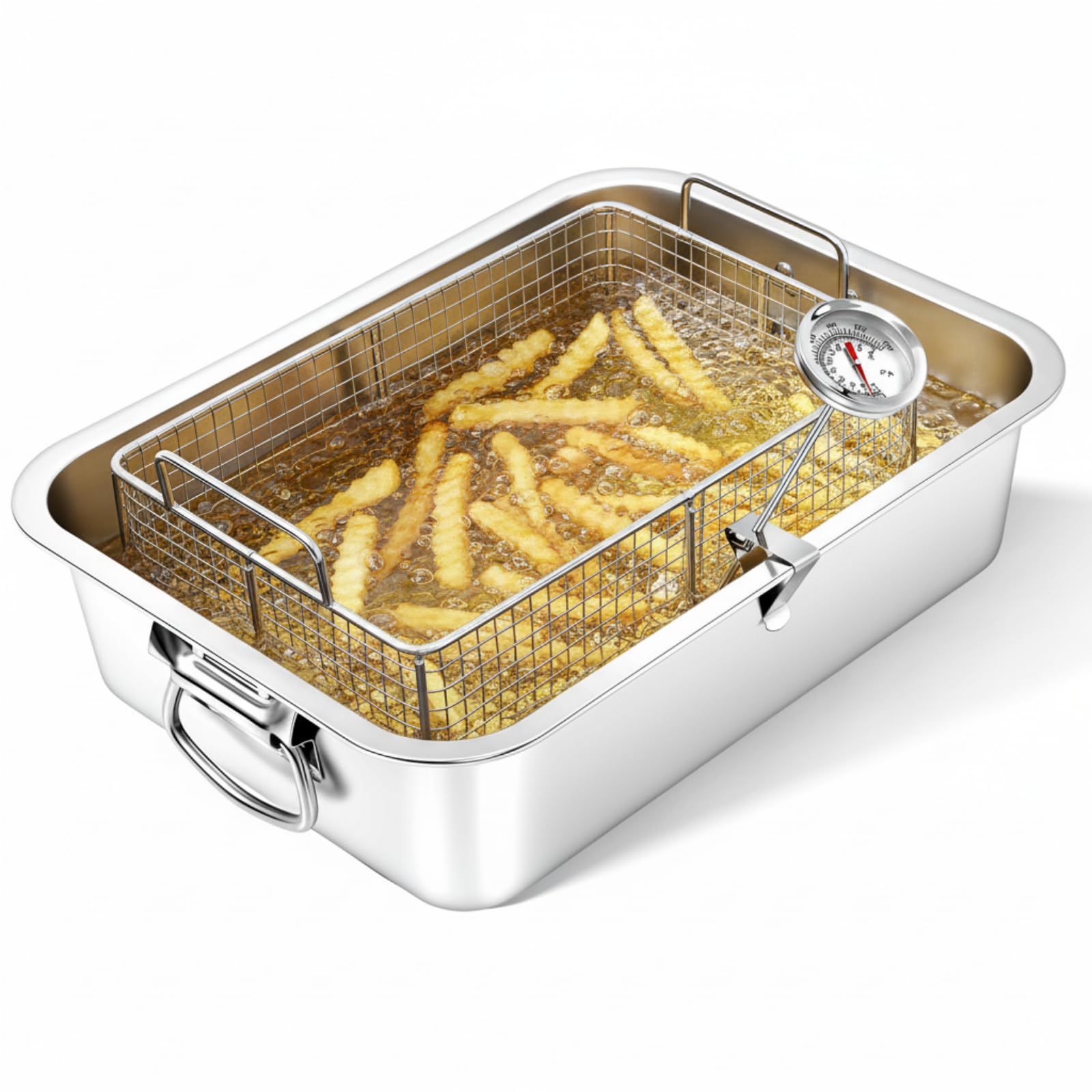 Teenyyou 10 Qt Stove Top Deep Fryer with Basket 304 Stainless Steel Deep Fryer Pan Chicken Frying Pot with Thermometer for Outdo