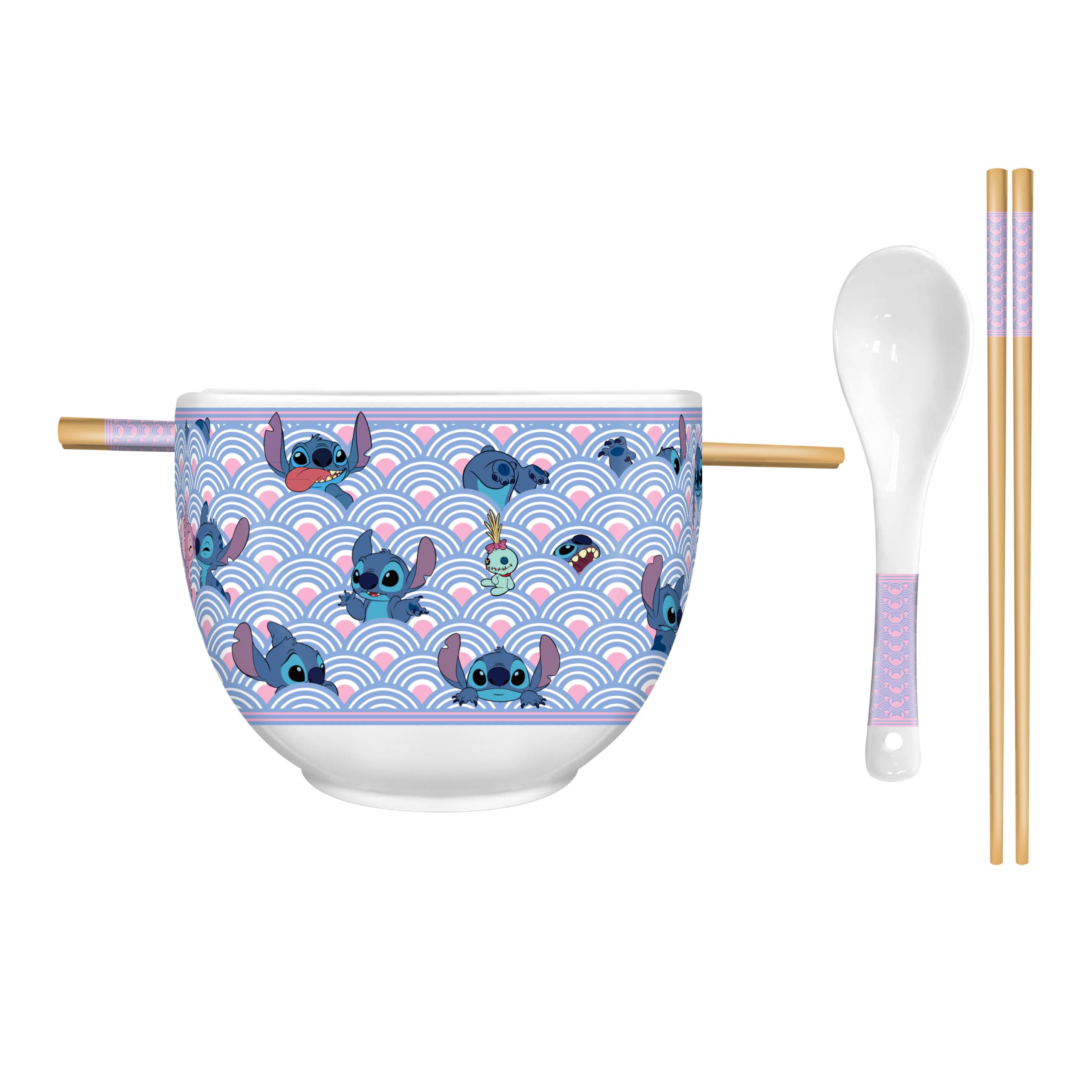 Silver Buffalo Disney Lilo And Stitch Scrump Waves Japanese Pattern Ceramic Ramen Noodle Rice Bowl With Chopsticks And Spoon, Mi