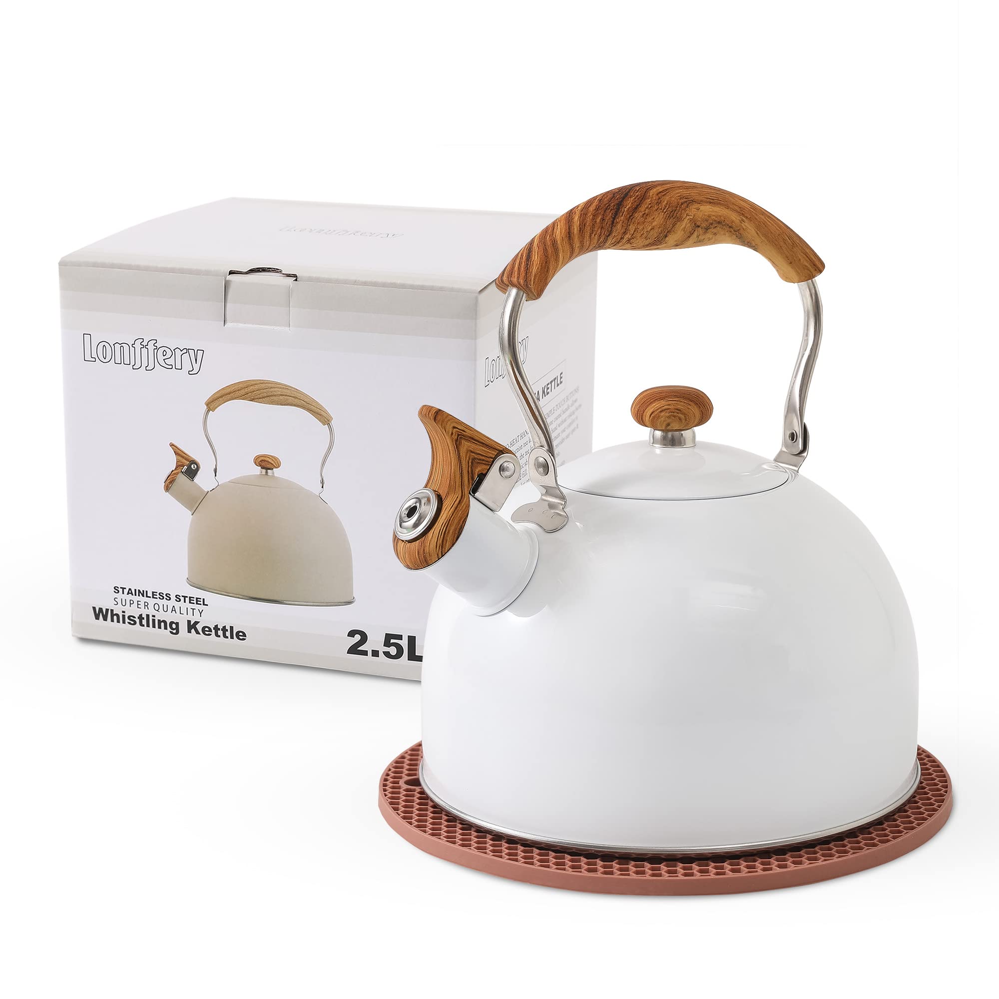 LONFFERY Tea Kettle, 2.5 Quart Whistling Tea Kettle, Tea Pots for Stove Top Food Grade Stainless Steel with Wood Pattern Folding
