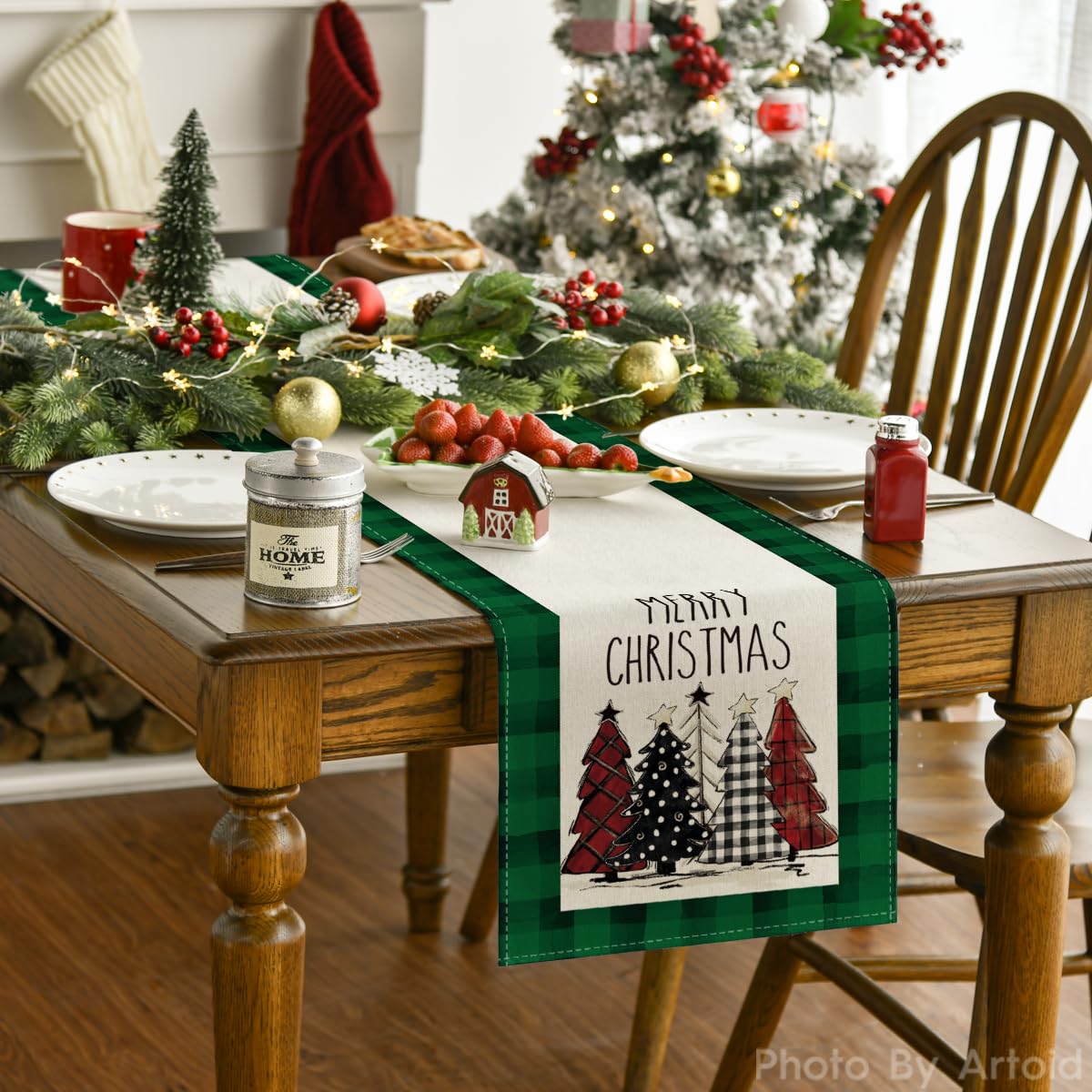 Artoid Mode Green Buffalo Plaid Xmas Trees 2Pcs Merry Christmas Table Runner, Seasonal Winter Holiday Table Decoration For Home