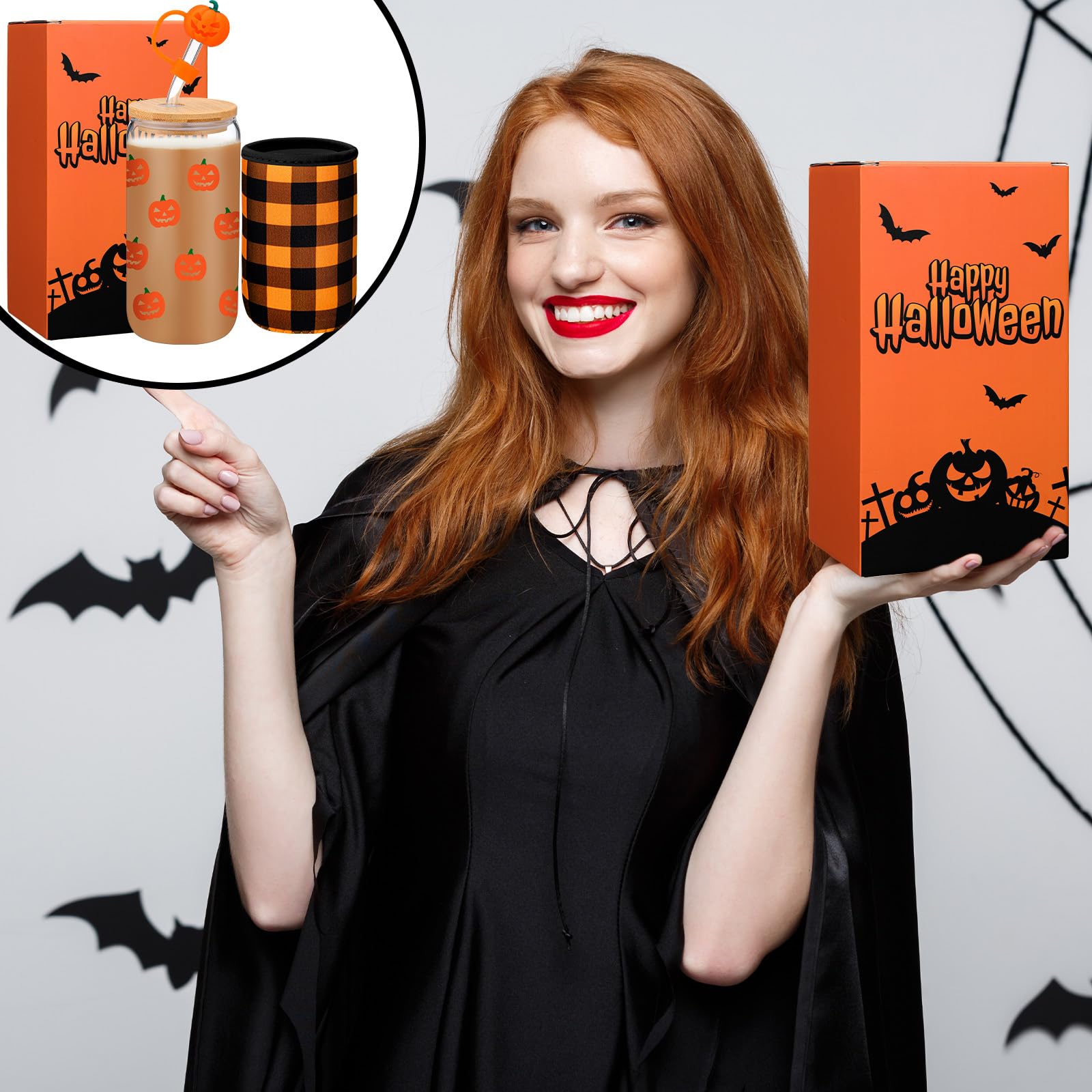 Blushtier Halloween Glass Coffee Cup with Lid and Straw 16oz Spooky Iced Coffee Mug with Sleeve Boo Basket Stuffers Halloween Gi